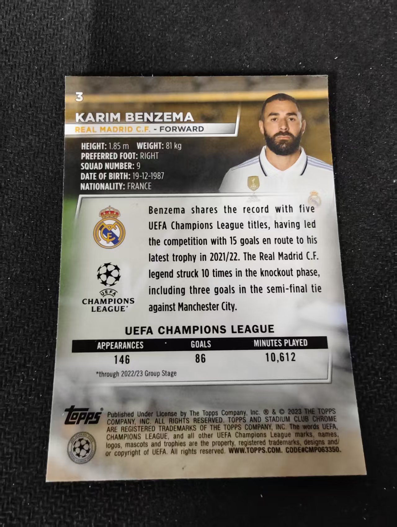 【可合并,不累计】2023 Topps Stadium Club Chrome Karim Benzema 本泽马 皇马 欧冠 竞技场 不保卡品 介意勿拍 #3