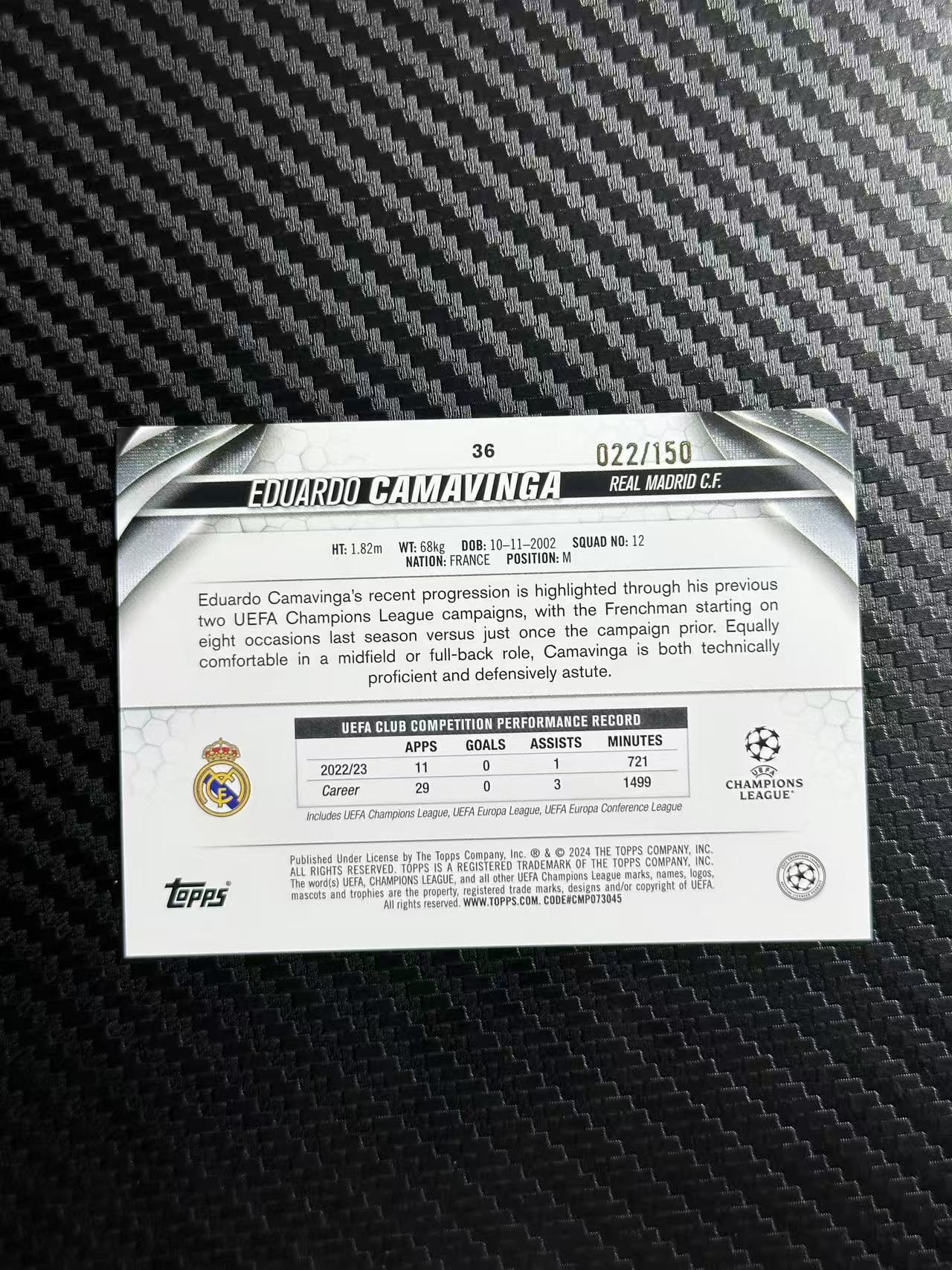 2024 Topps ucc Eduardo Camavinga 欧冠 碧玉 卡马文加 皇家马德里 皇马 新年限定折 022/150编 卡品如图 拍前看描述
