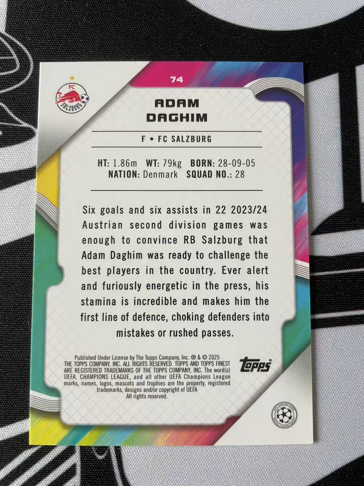 2025 Topps Finest Adam Daghim 欧冠 欧战 finest 萨尔茨堡红牛 达吉姆 RC 新秀 /299 紫折 折射 丹麦 凑套必备 卡品如图