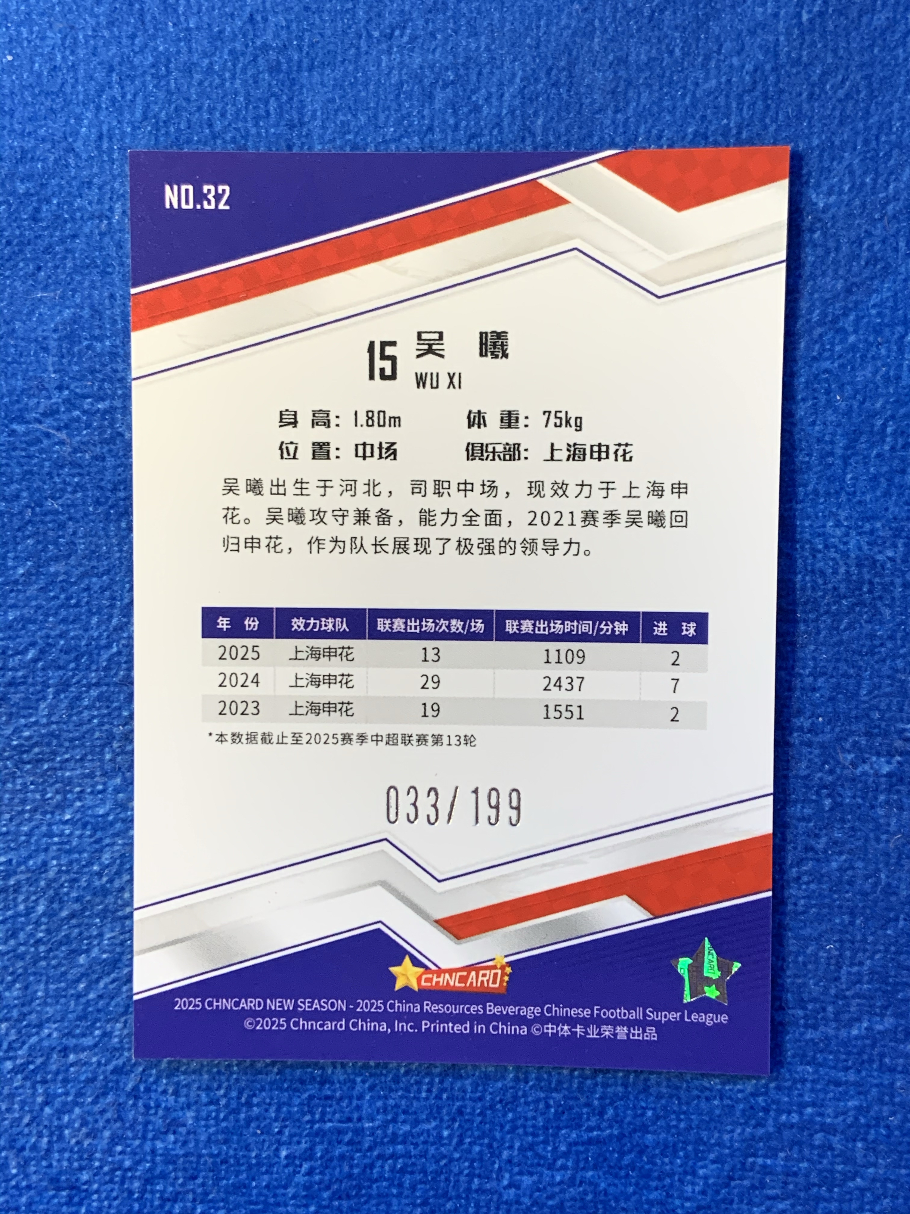 2024 中体卡业 新赛季 吴曦 199编铜折 上海申花 玄冥二老 德比帽子戏法 足协杯冠军 国足前队长 江苏苏宁 中超冠军 已经绝版 凑套必备 不保卡品