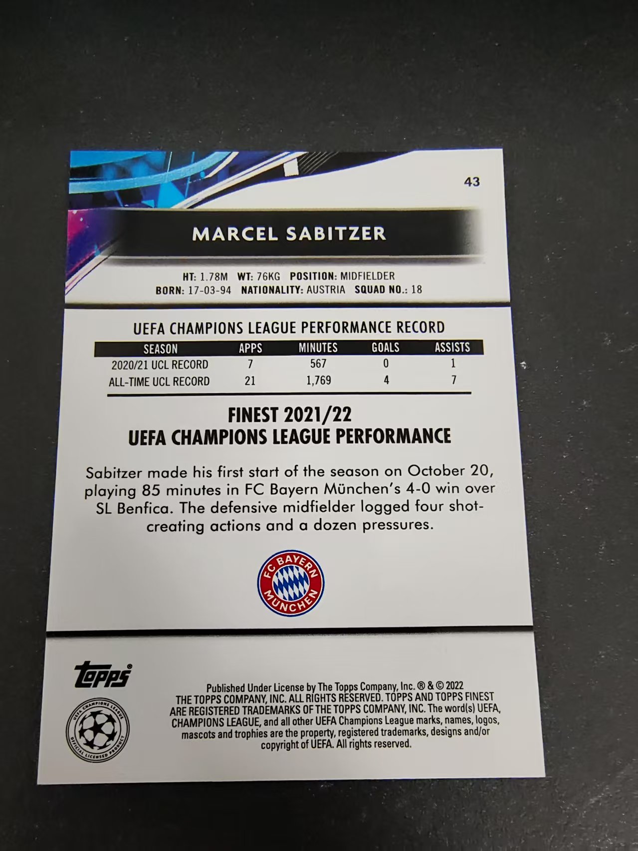 【可合并,不累计】2022 Topps finest Marcel Sabitzer 拜仁慕尼黑 曼联 多特蒙德 德甲 马塞尔 萨比策 欧冠 划痕 边角瑕疵 #43