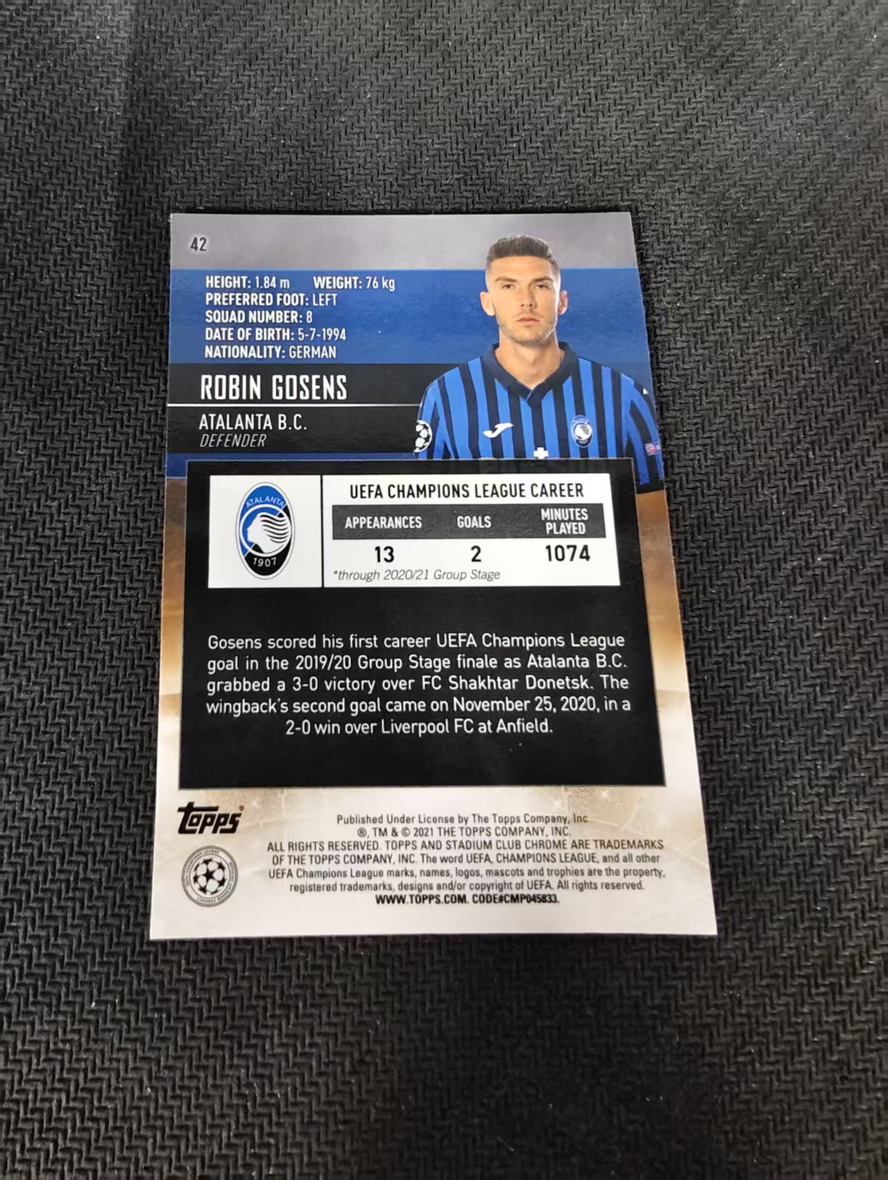 【可合并,不累计】2021 Topps Stadium Club Chrome Robin Gosens 亚特兰大 罗宾 戈森斯 竞技场 欧冠 划痕 边角瑕疵 #42