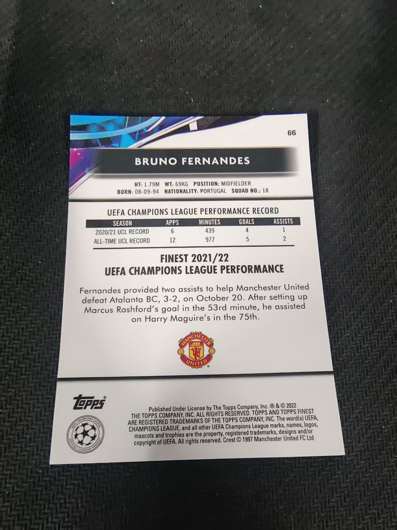 【可合并,不累计】2022 Topps Finest Bruno Fernandes 欧冠 曼联 B费 布鲁诺 费尔南德斯 划痕 边角瑕疵 #66