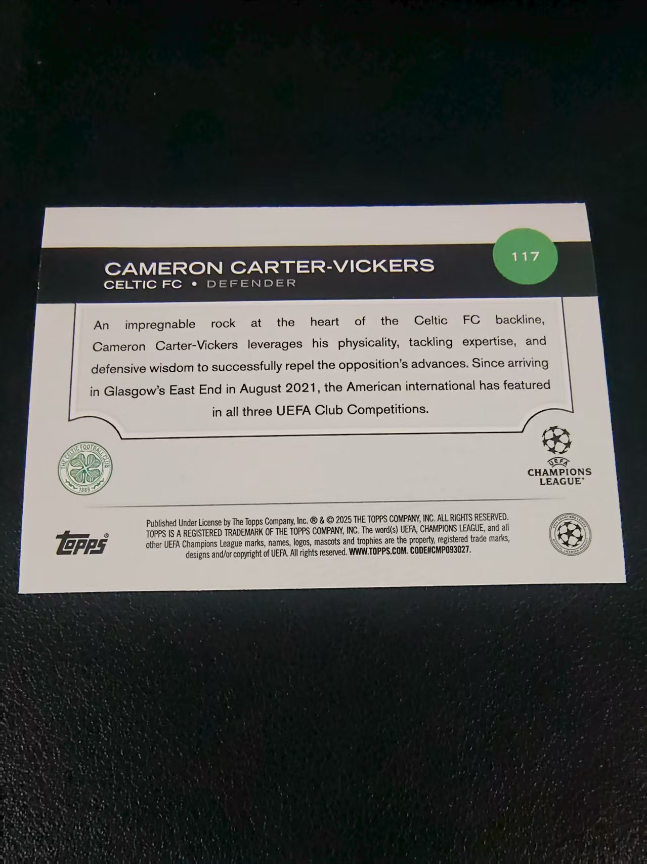 【可合并,不累计】2025 Topps UCC CAMERON CARTER-VICKERS 卡特·维克斯 凯尔特人 欧冠 划痕 边角瑕疵 #117