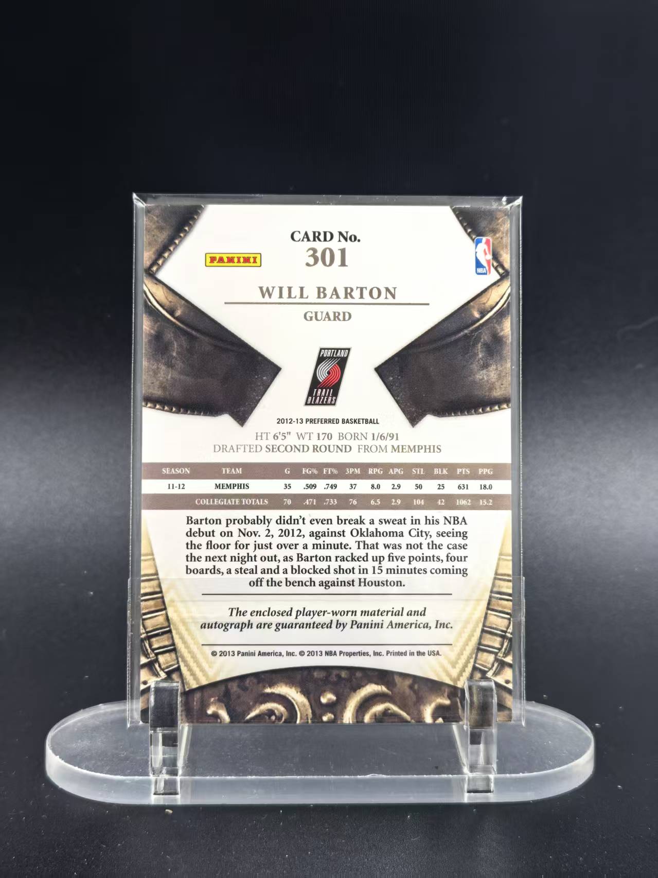 2012-13 Panini Preferred Will Barton RC #301 威尔 巴顿 皇冠 剪影 RJA 新秀大窗球衣 卡签 90/99编