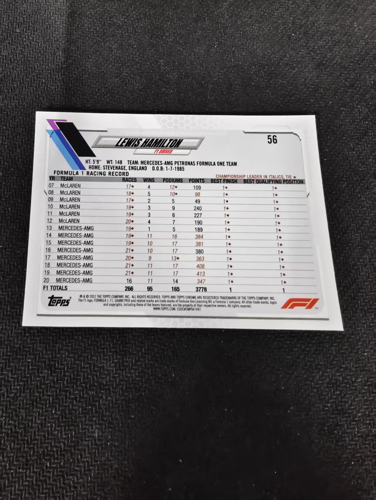 2021 Topps Chrome Lewis Hamilton F1 梅赛德斯奔驰车队 刘易斯 汉密尔顿 划痕 边角瑕疵 #56