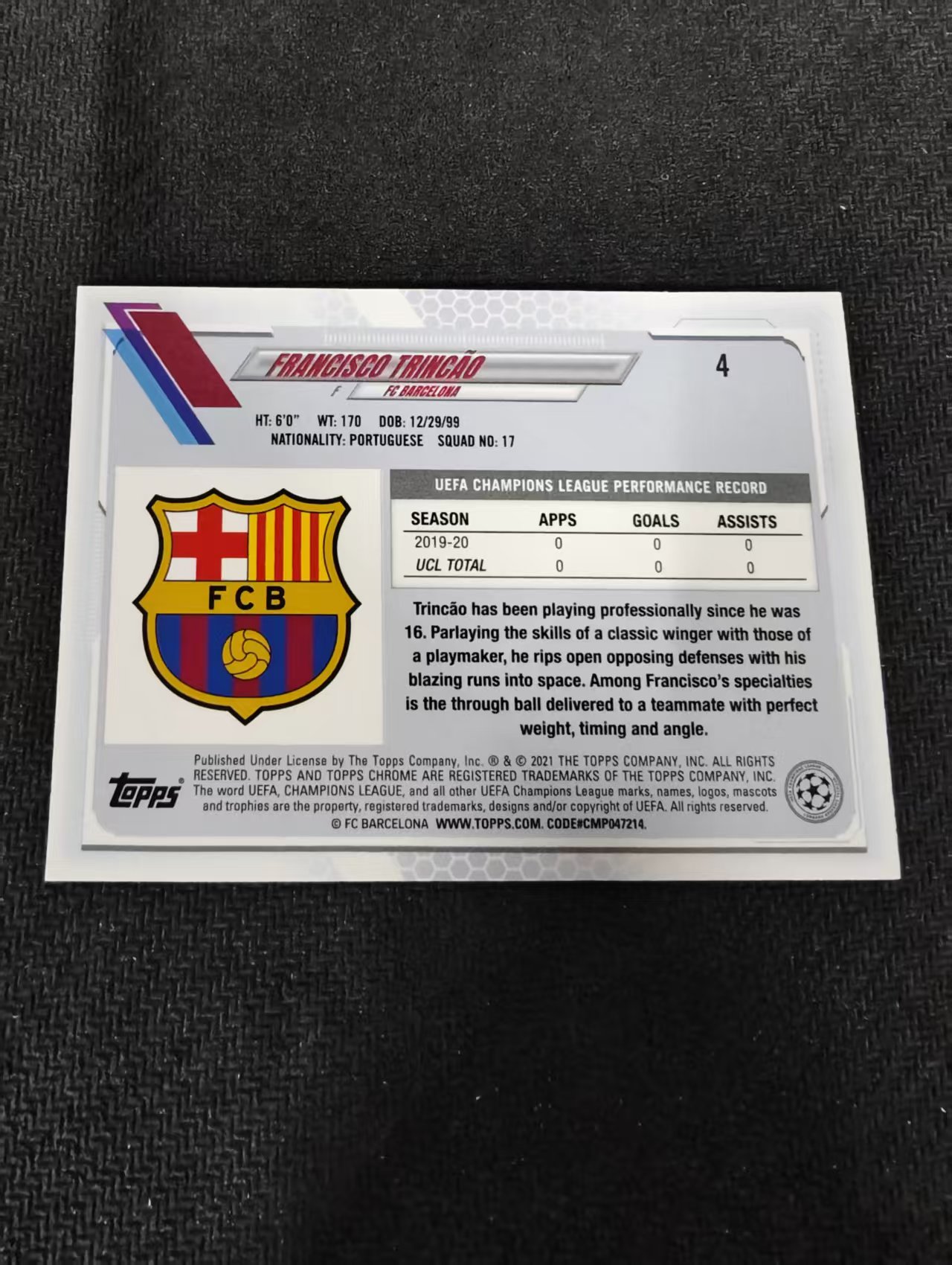 【可合并,不累计】2021 Topps Chrome francisco trincao 欧冠 蓝宝石 RC 新秀 特林康 巴萨 蓝碎冰 划痕 边角瑕疵 #4