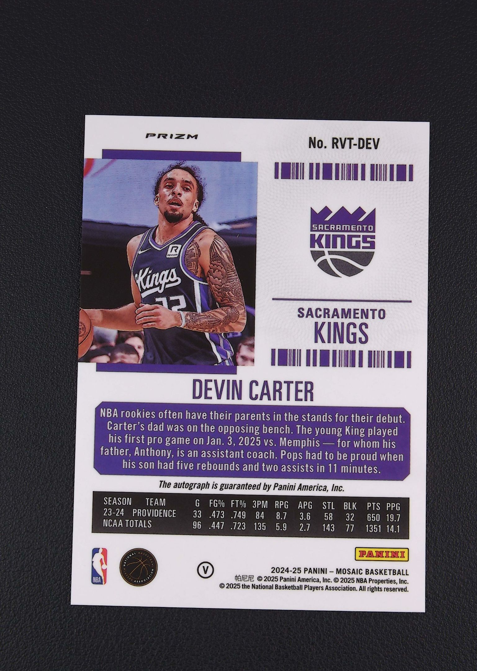 2024 Panini Mosaic Devin Carter 【阿福代卖】 德文 卡特 国王 新秀 签字 马赛克 op插入 收藏必备 (行行行)