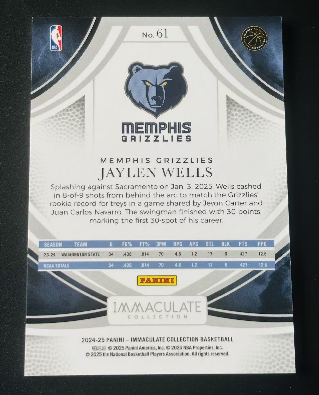 2024-25 Panini Immaculate Collection Jaylen Wells RC IMM 灰熊 新秀 杰伦 威尔斯 01/25编 首编 base 不累计