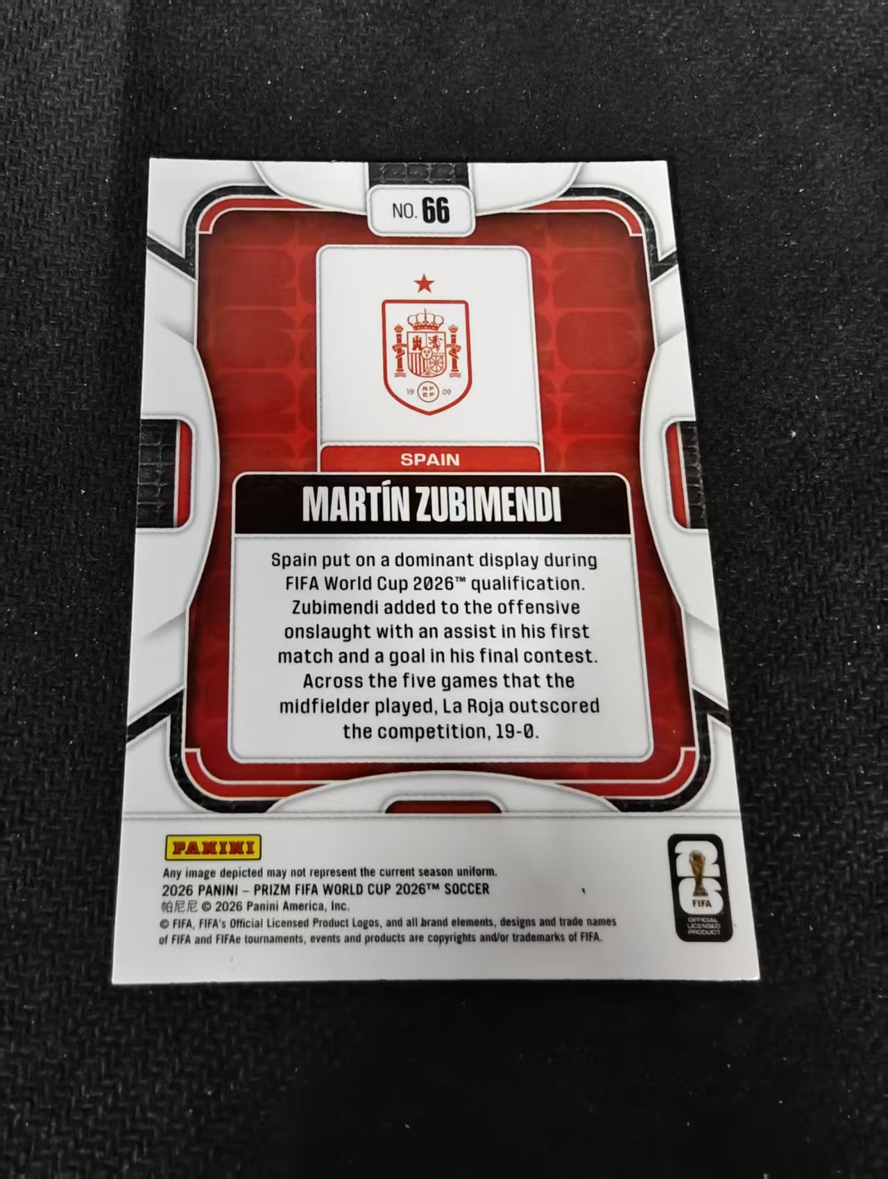 2026 Panini World Cup Prizm MARTIN ZUBIMENDI 苏比门迪 祖比门迪 阿森纳 西班牙 PZ世界杯 划痕 边角瑕疵#66