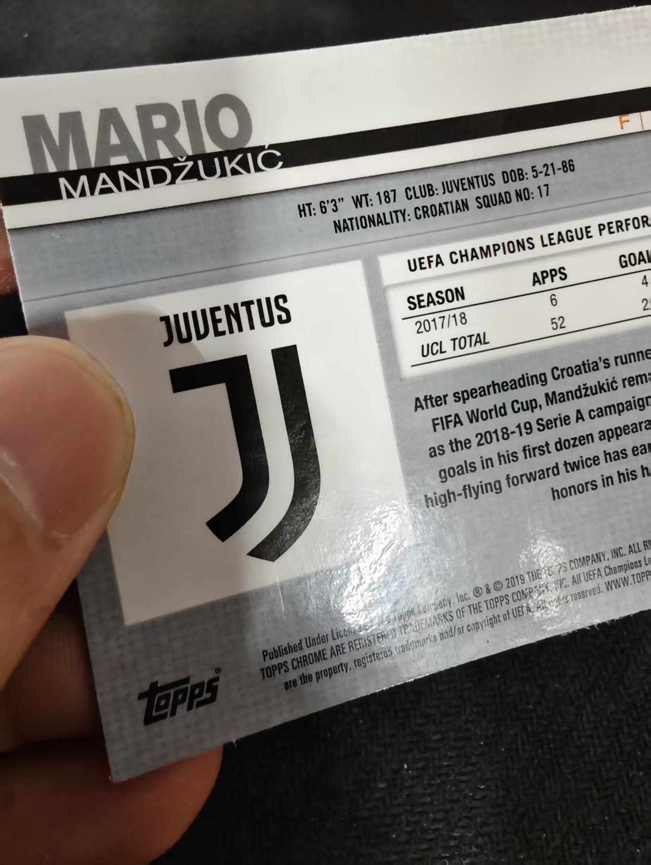 【可合并,不累计】2019 Topps Chrome Mario Mandzukic 欧冠TC 尤文图斯 曼朱基奇 银折 划痕 边角瑕疵 #64