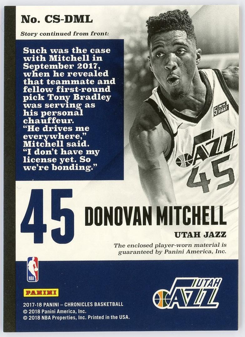 2017-18 Panini Chronicles Donovan Mitchell RC 多诺万米切尔 新秀 编年史 199编 亲穿 球衣 物料 爵士 蜘蛛侠 卡品如图 0MJ9
