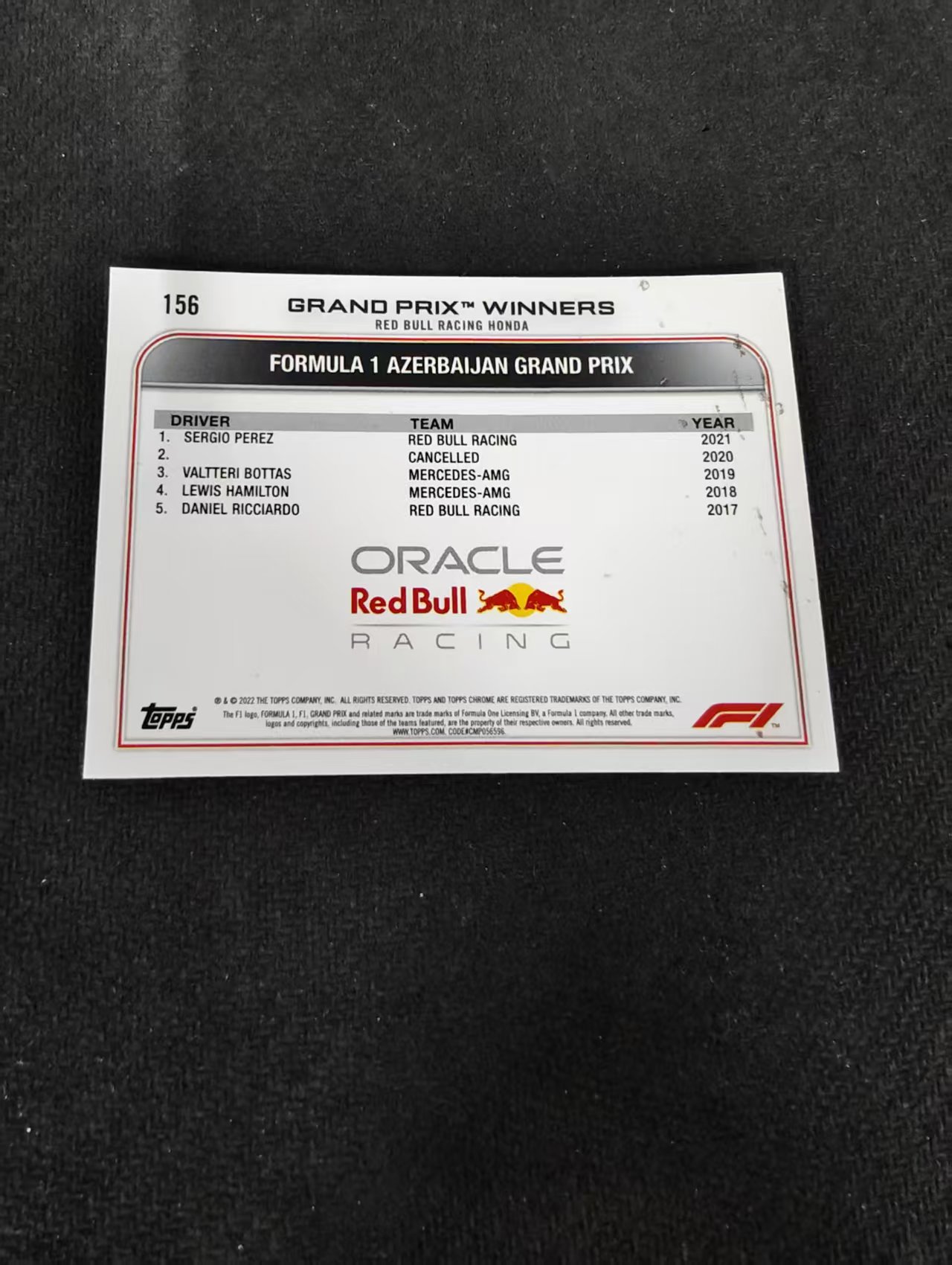 2022 Topps Chrome F1 Sergio Perez 塞尔吉奥 佩雷兹 红牛车队 划痕 边角瑕疵 #156