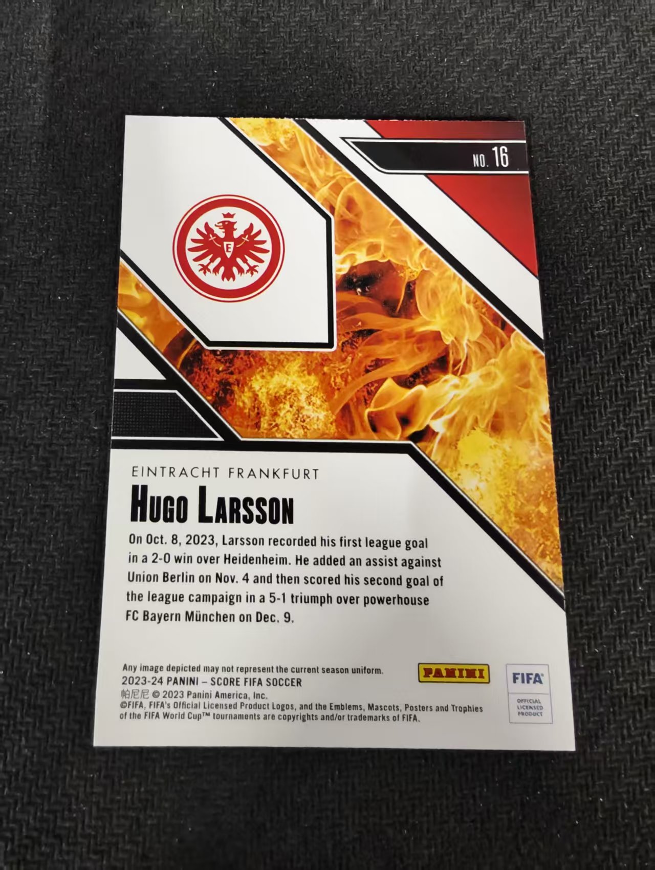 【可合并,不累计】2023-24 Panini Score Hugo Larsson 雨果 拉尔森 法兰克福 RC 新秀 FIFA 特卡 划痕 边角瑕疵 #16