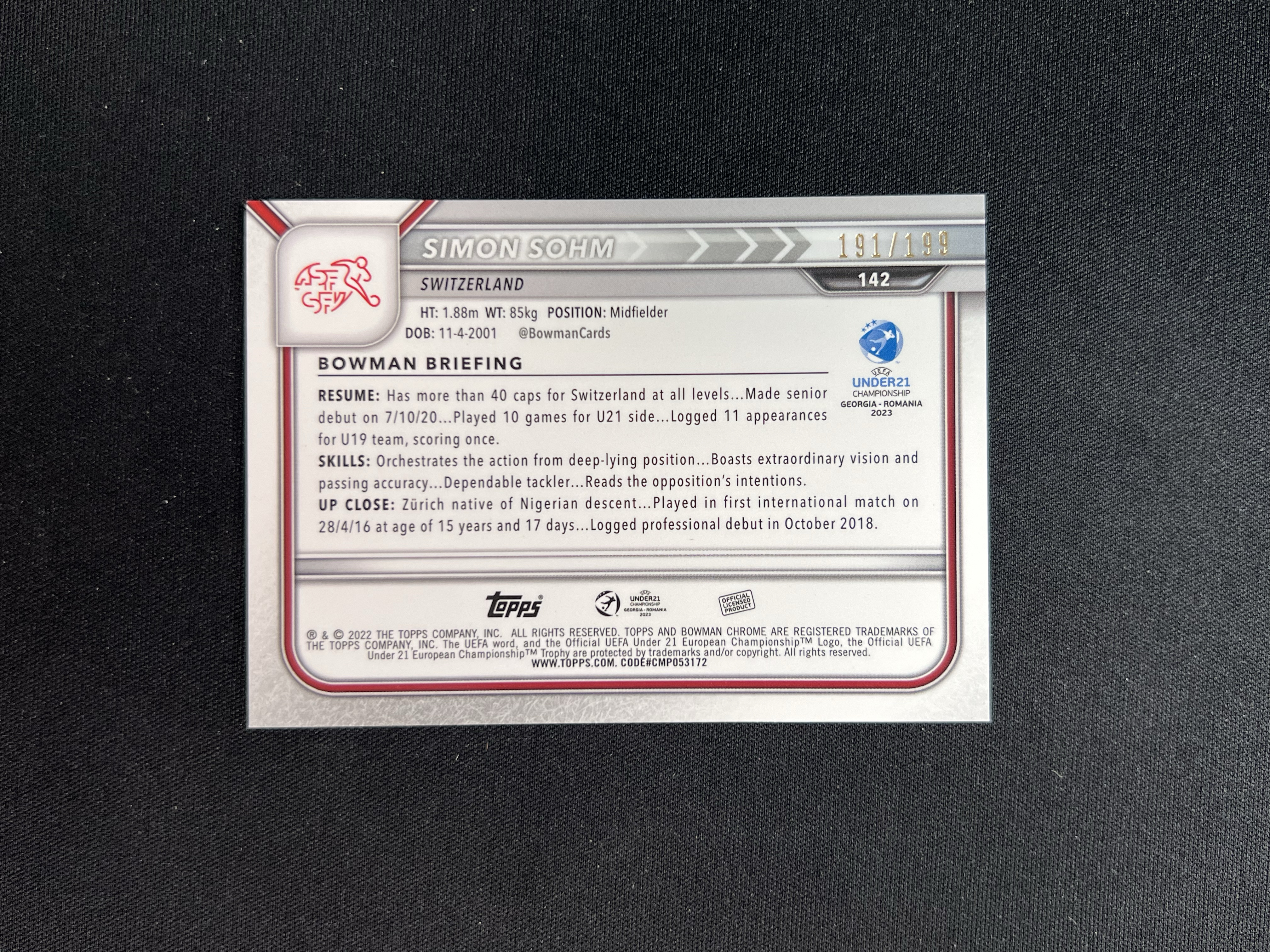 2022 Topps Chrome Simon Sohm Bowman 瑞士 西蒙·佐姆 199编 绿折 实卡精美 收藏必备