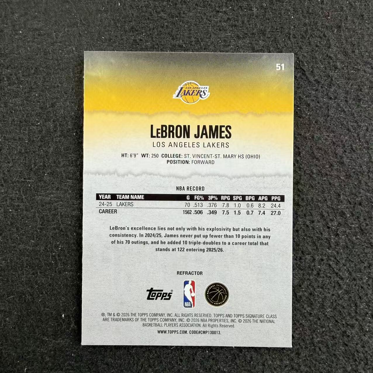【阿福拍卖】2026 Topps Signature Class LeBron James 勒布朗 詹姆斯 湖人 首轮选秀 特卡 银折 收藏必备(CMY)