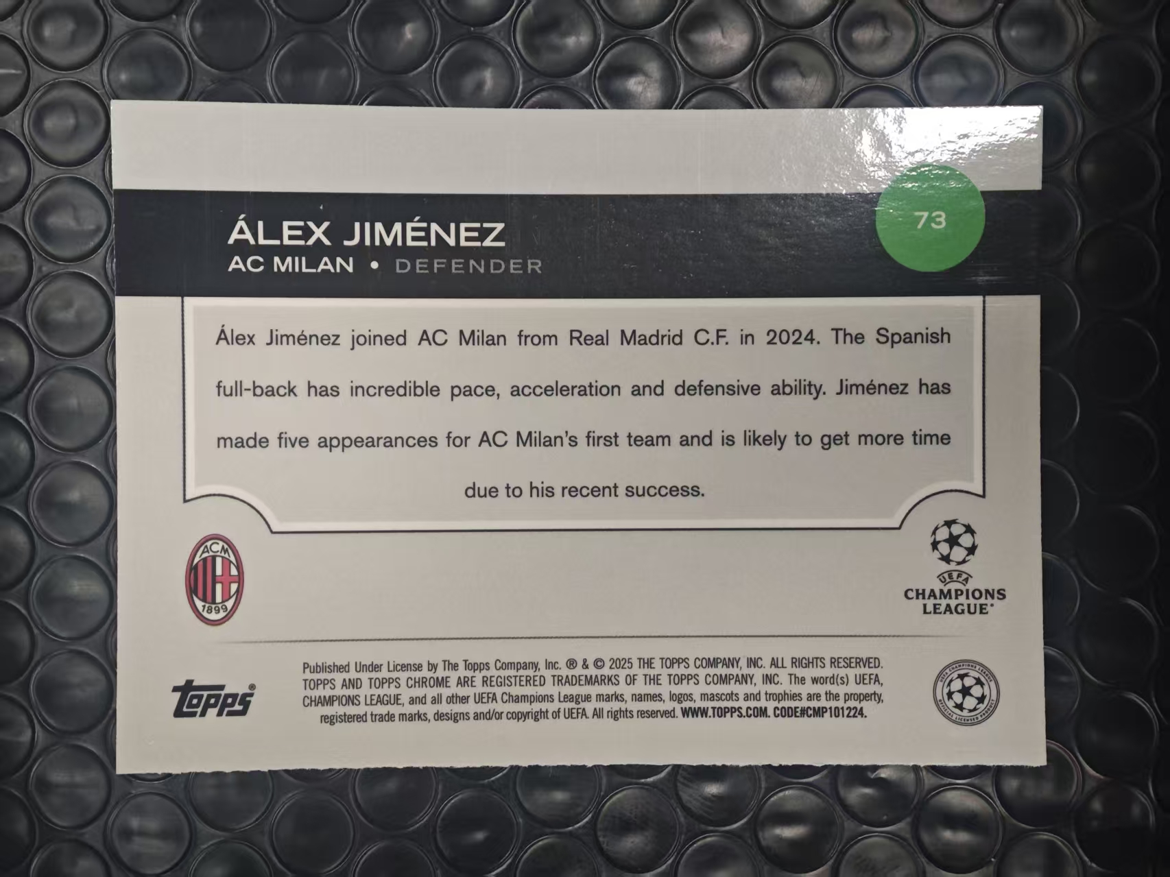 2025 Topps Chrome Alex Jimenez RC 欧冠TC AC米兰 RC新秀 亚历克斯 吉梅内斯 希门尼斯 124/199编 青棱镜折 折射 卡如图【原地起飞卡社】jia11.6