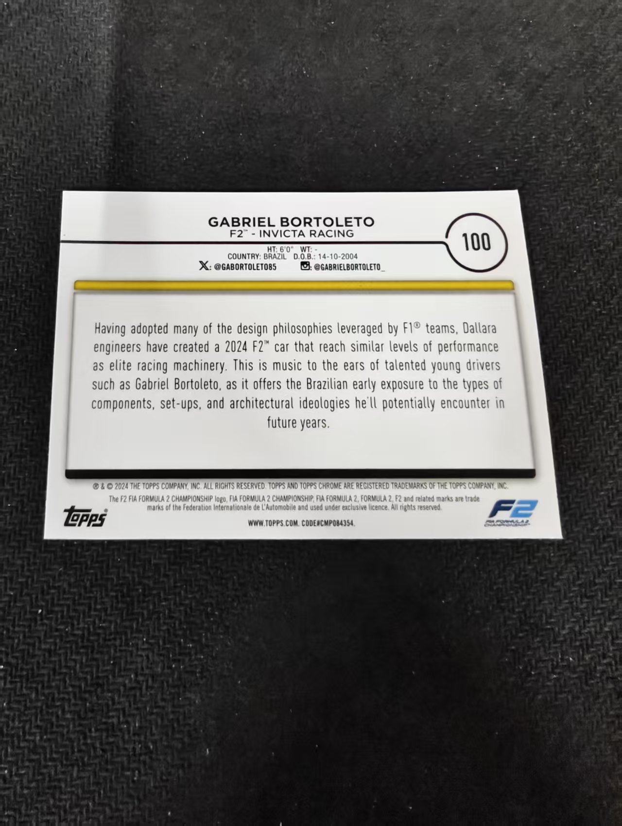 2024 Topps Chrome F1 Gabriel Bortoleto 加布里埃尔 博托莱托 F2 划痕 边角瑕疵 #100
