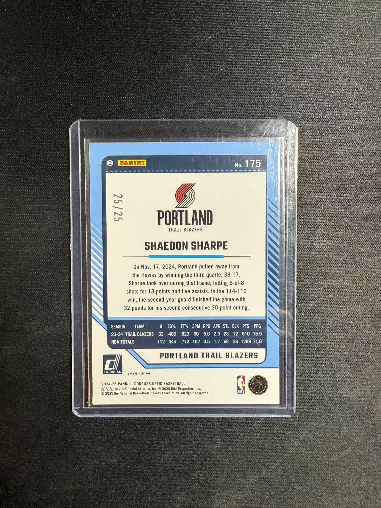 2024-25 Panini Donruss Optic Shaedon Sharpe 杜蕾斯OP 开拓者 谢登 夏普 绿圈圈 25编 卡品如图 不保卡品