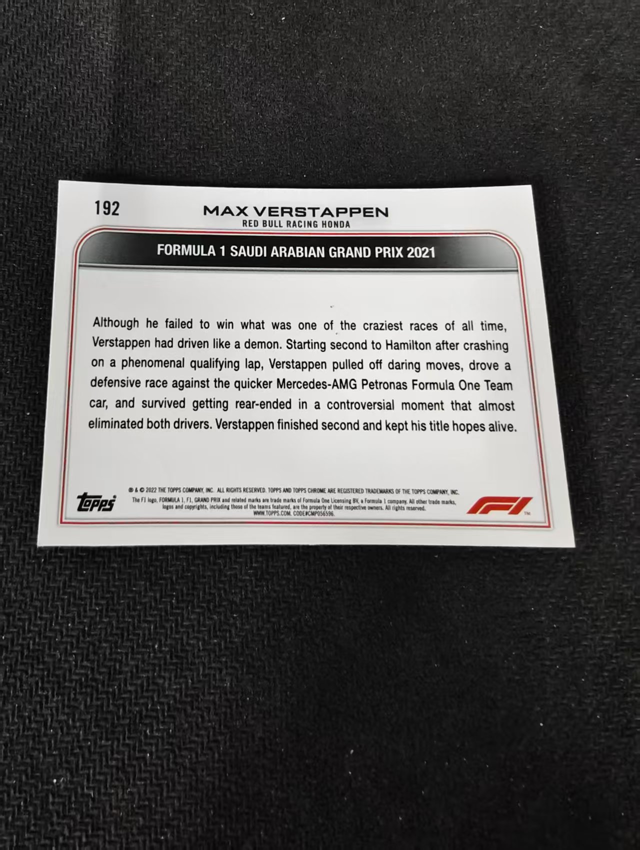 2022 Topps Chrome F1 Max Verstappen 维斯塔潘 红牛 划痕 边角瑕疵 #192