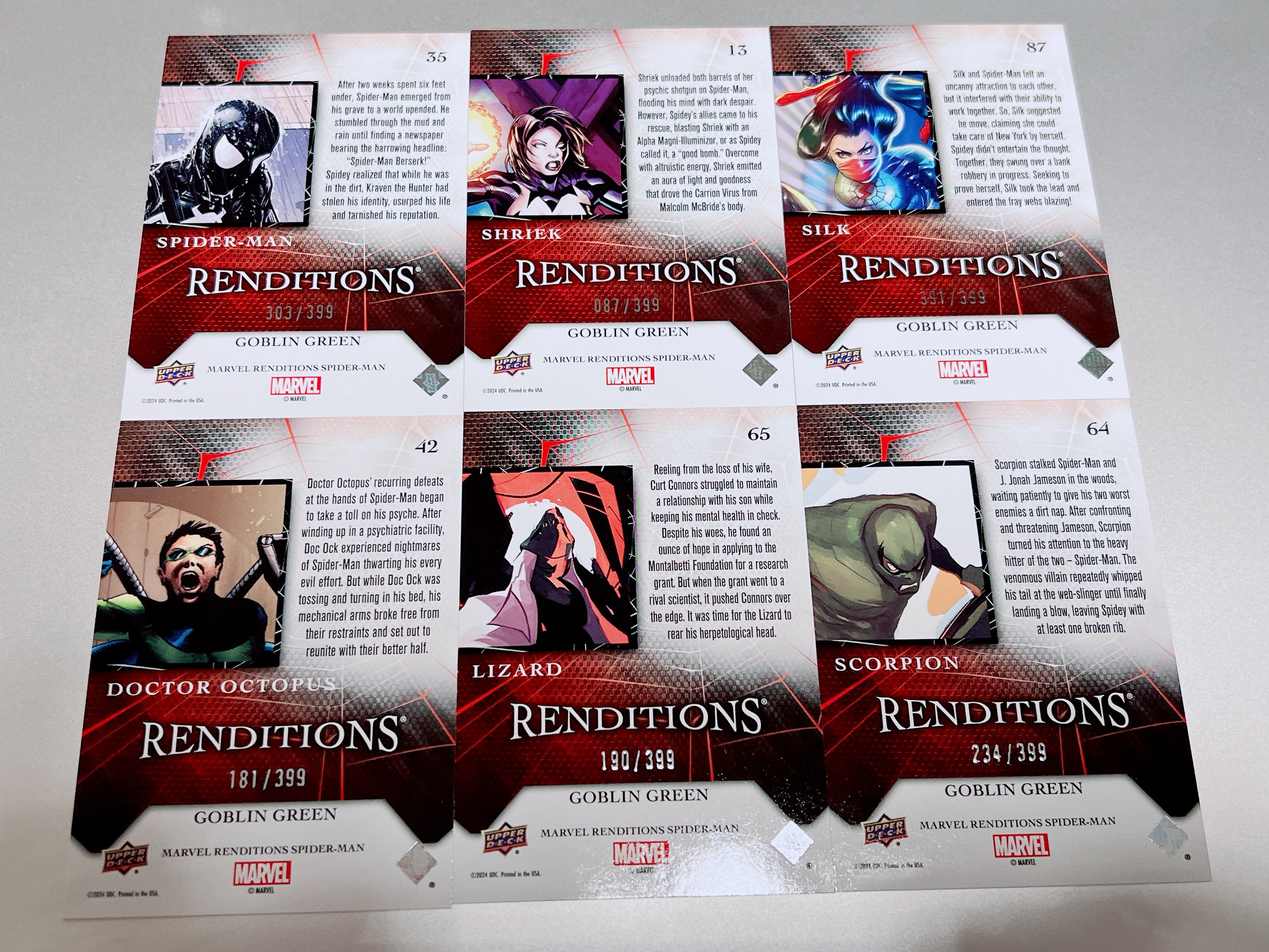 2024 Upper Deck Marvel (MCU) renditions 漫威 蜘蛛侠 演绎 黑皮蜘蛛侠 尖叫 蛛丝 章鱼博士 蜥蜴博士 毒蝎 /399 6张打包 品相如图 #8