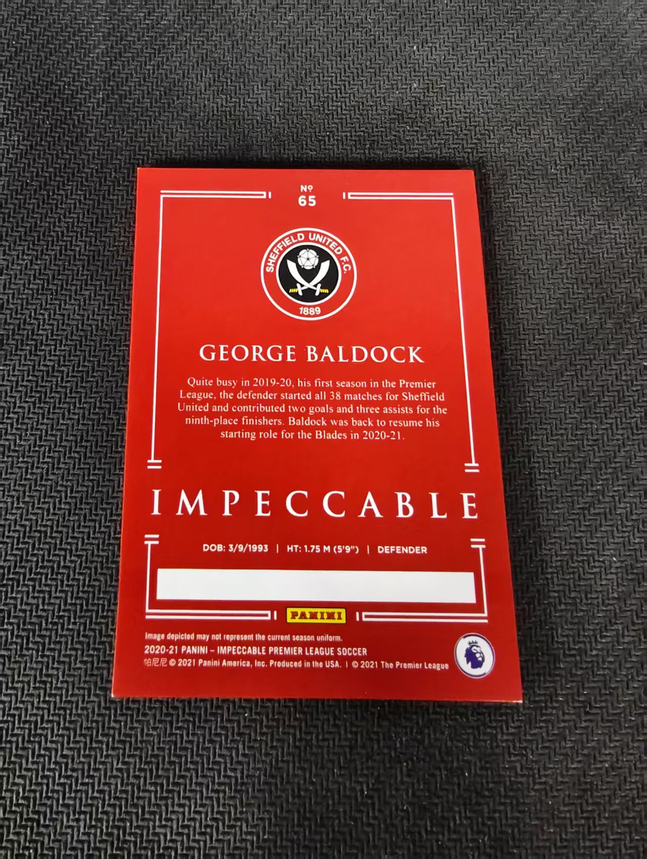 【可合并,不累计】2020-21 Panini Impeccable Baldock 英超 小真金 谢菲联 巴尔多克 35编 边角瑕疵