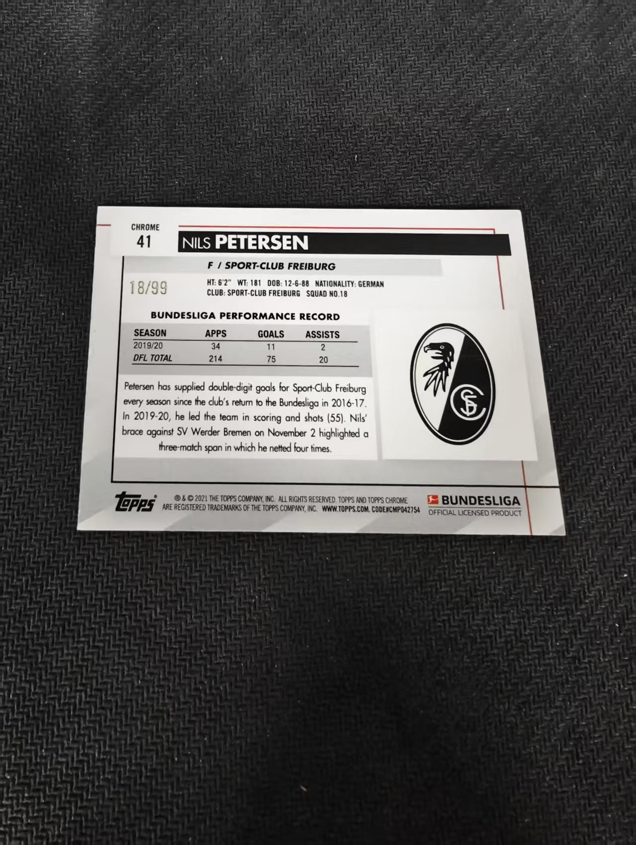 【可合并,不累计】2021 Topps Chrome Nils Petersen 彼得森 弗赖堡 德甲 绿波纹 99编 瑕疵如图