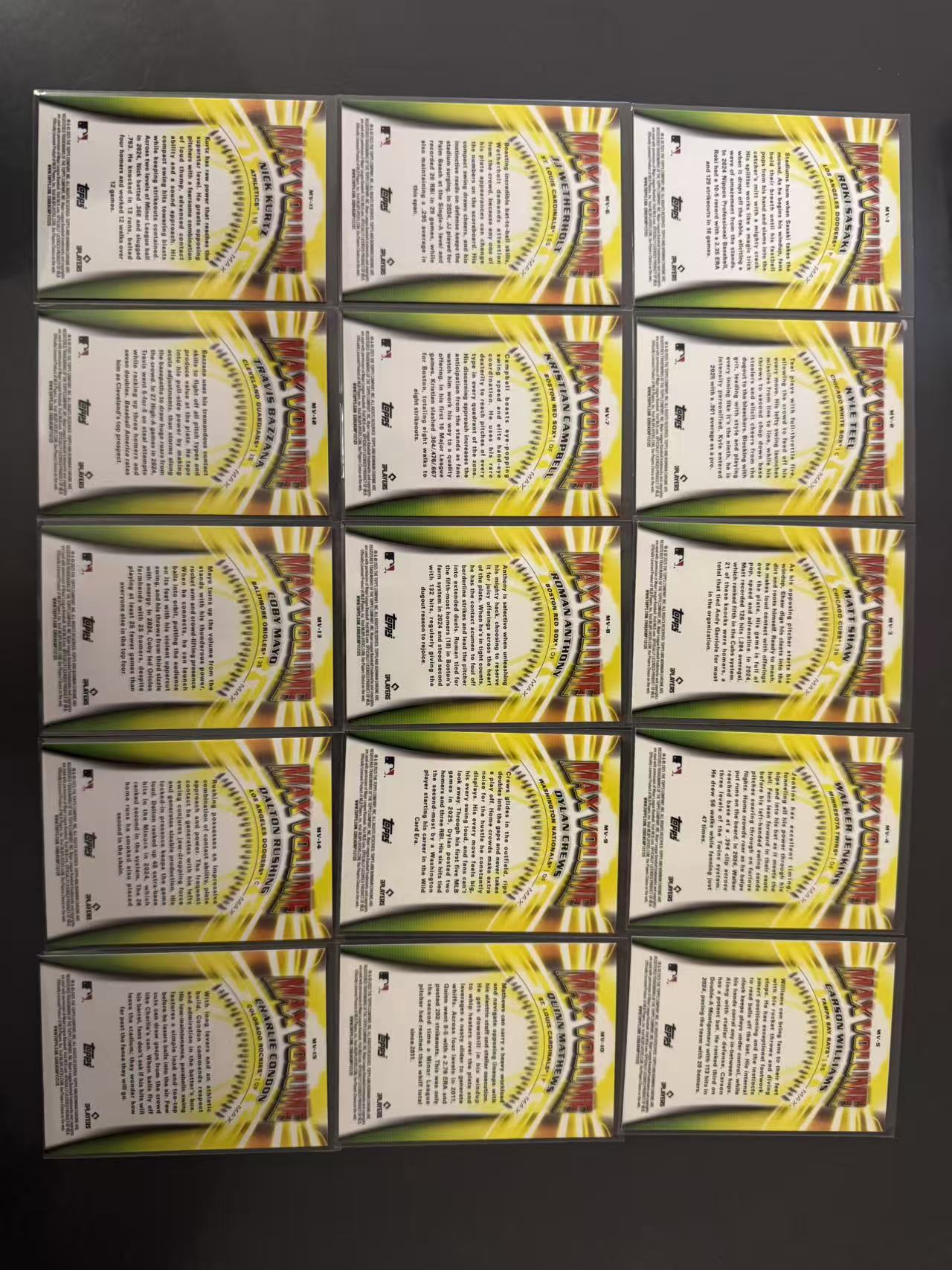 2025 Topps Bowman Chrome Roki Sasaki RC 棒球BC 洛杉矶道奇 佐佐木朗希 Max Volume特卡 编号1-15 15张全套 凑套收藏