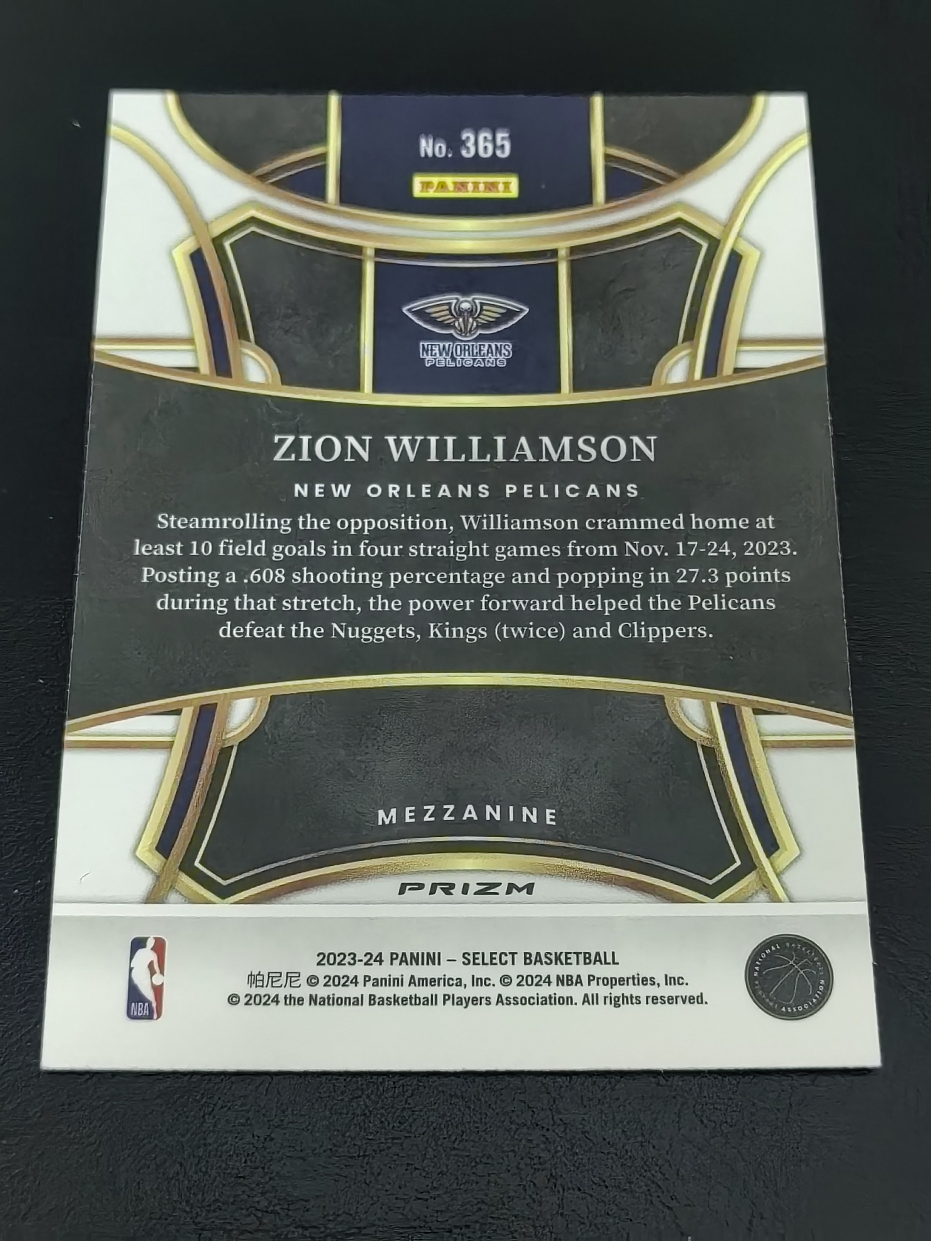 2023-24 Panini Select Zion Williamson SELECT 锡安·威廉姆森 蓝折 胖虎 鹈鹕 篮 白边白角 不保卡品 卡品如图