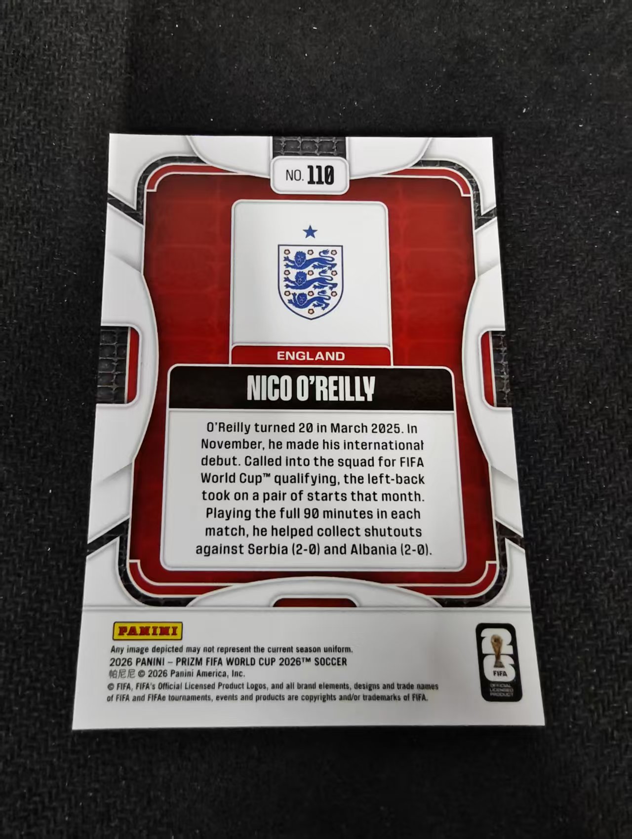 2026 Panini World Cup Prizm Nico OReilly 世界杯PZ 英格兰 尼科 奥莱利 PZ世界杯 划痕 边角瑕疵#110