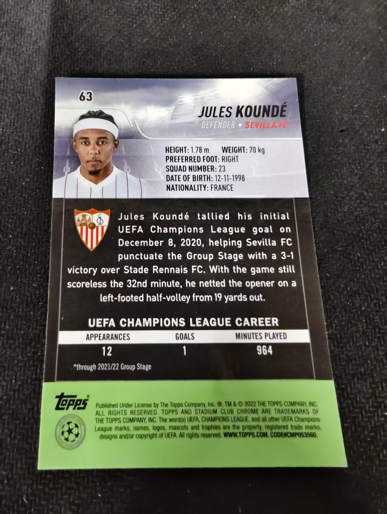【可合并,不累计】2022 Topps Stadium Club Chrome Jules Kounde 朱尔斯 孔德 塞维利亚 竞技场 欧冠 划痕 边角瑕疵 #63