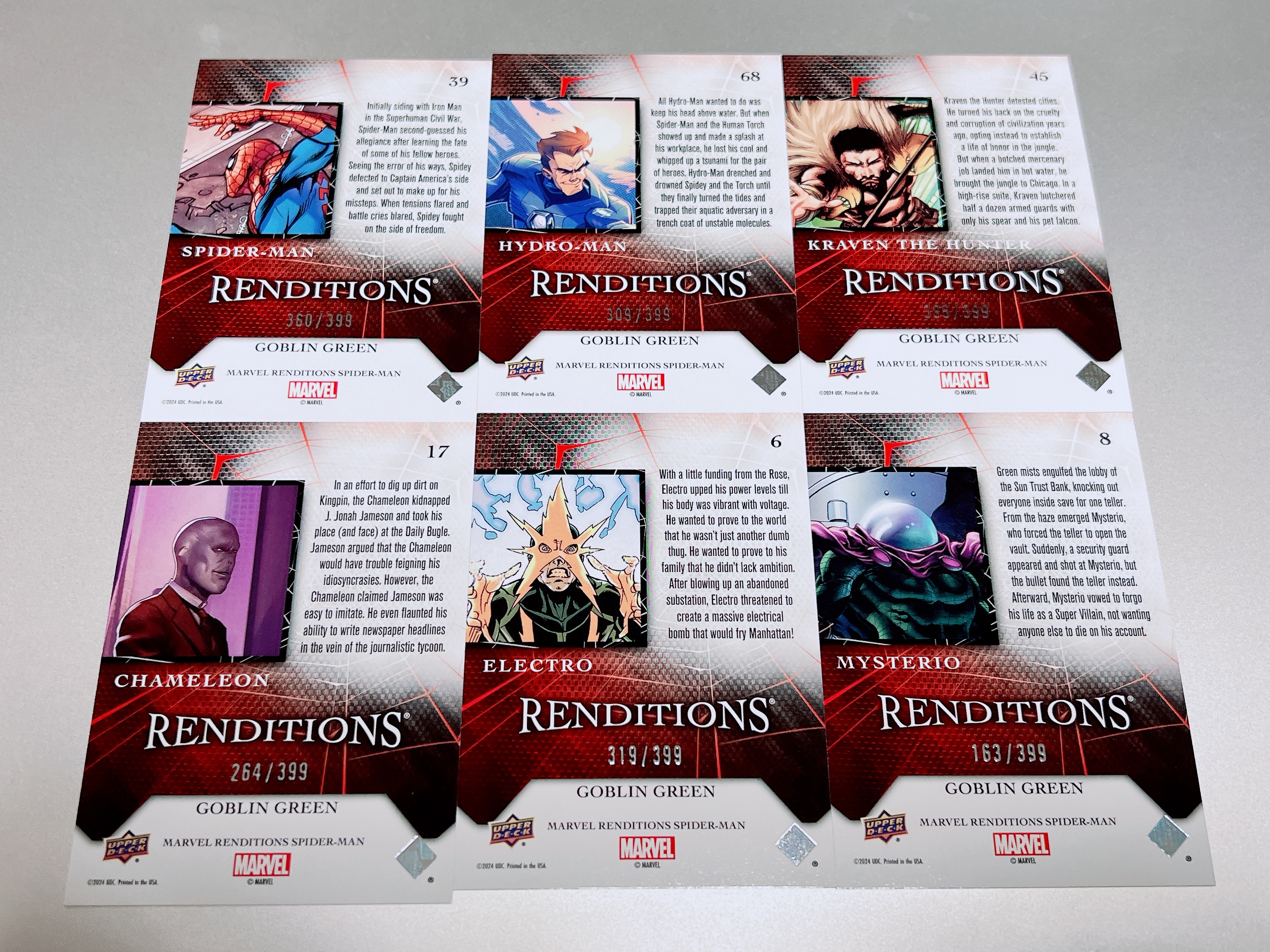 2024 Upper Deck Marvel (MCU) renditions 漫威 蜘蛛侠 演绎 蜘蛛侠 水人 猎人克莱文 电光人 变色龙 神秘客 /399 6张打包 品相如图 #9