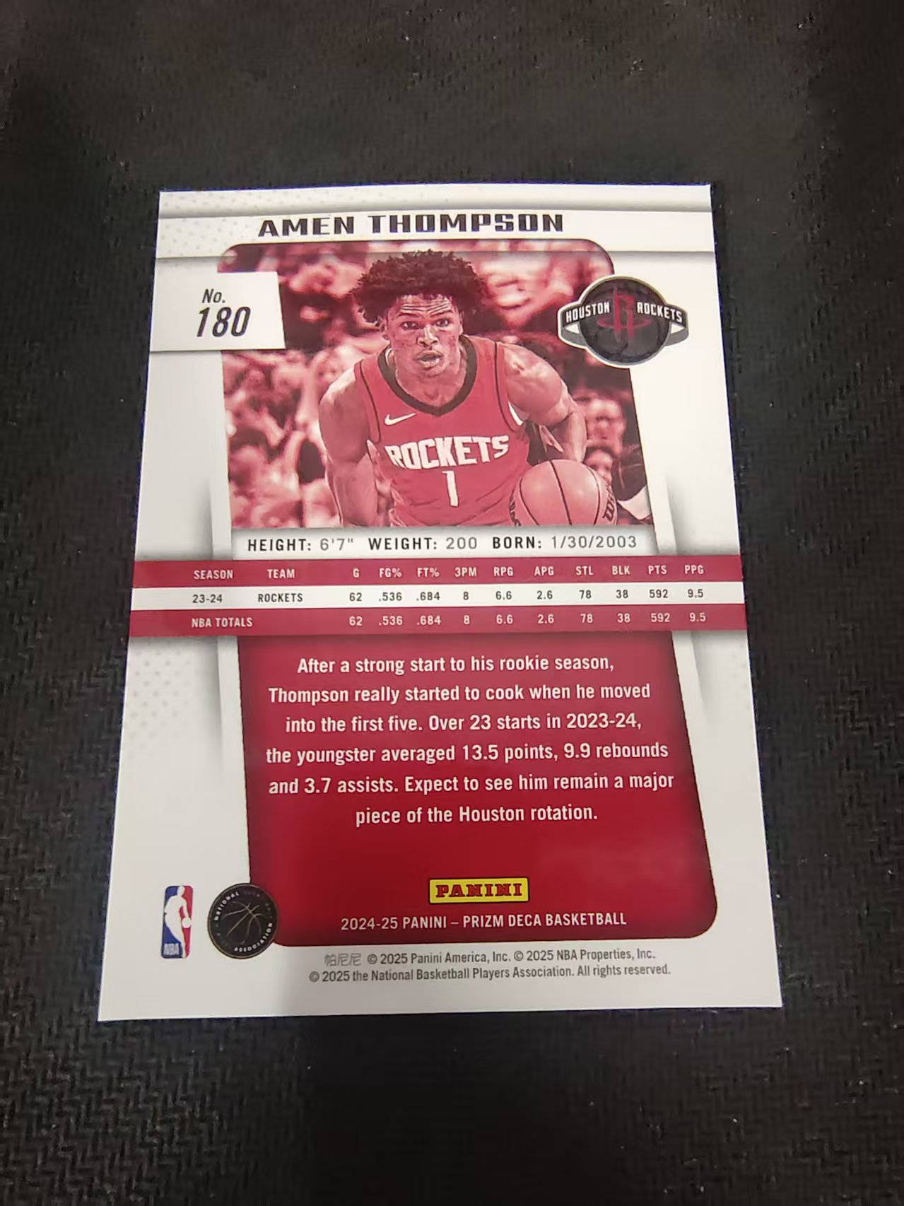 【可合并,不累计】2024-25 Panini Prizm Deca Amen Thompson 火箭 阿门汤普森 PZ 复刻 划痕 边角瑕疵 #180