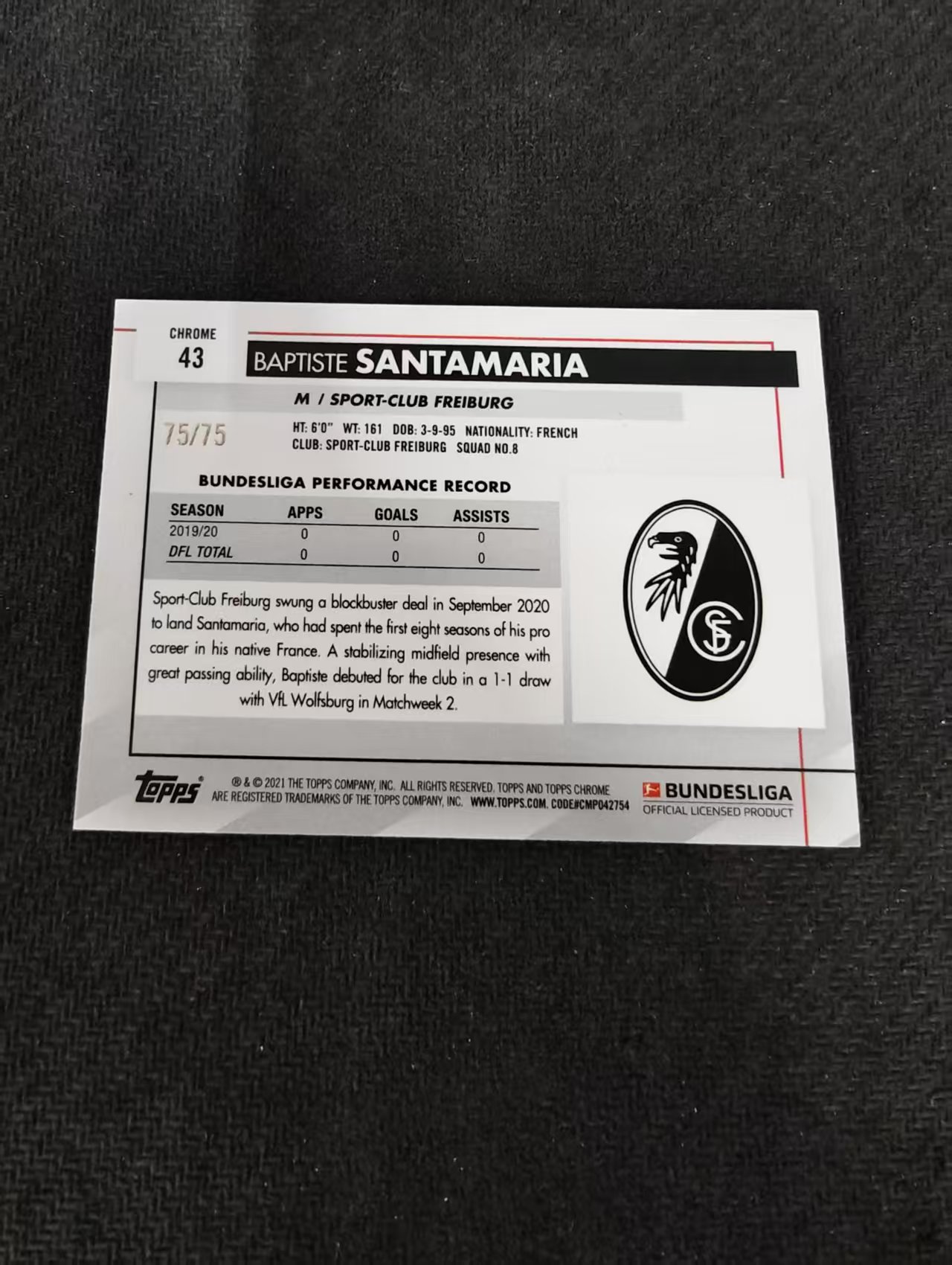 【可合并,不累计】2021 TOPPS CHROME BAPTISTE SANTAMARIA 弗莱堡队 巴蒂斯特桑塔马里亚 德甲 粉波纹 75编 划痕 边角瑕疵