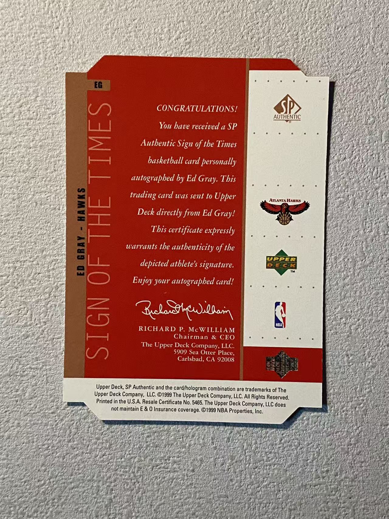 1999 Upper Deck SP Authentic Ed Gray ud 老鹰 艾德 各类 卡签 签字 异形 稀有老卡 专收必备