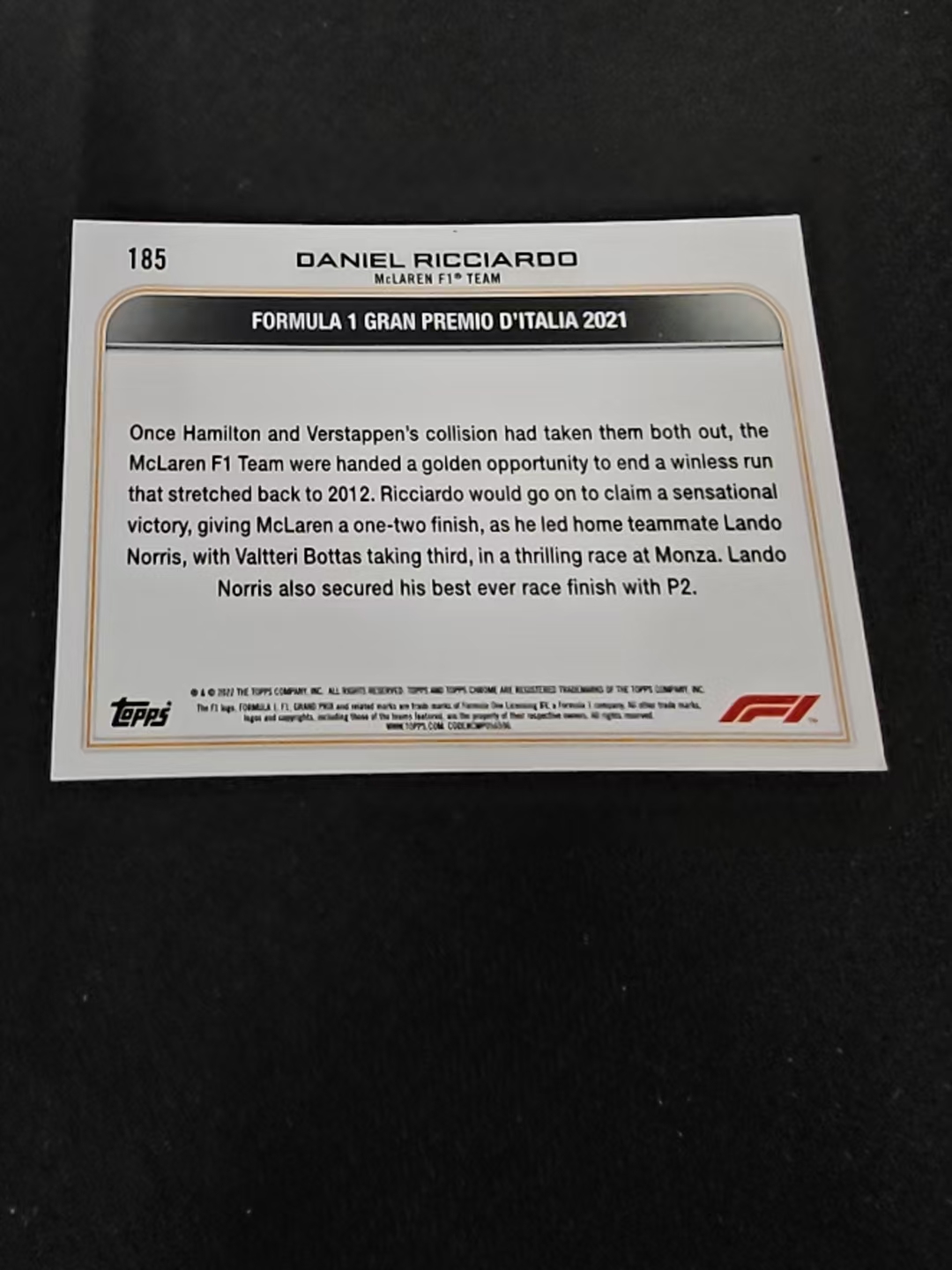 2022 Topps Chrome F1 Daniel Ricciardo 丹尼尔 里卡多 迈凯伦车队 划痕 边角瑕疵 #185