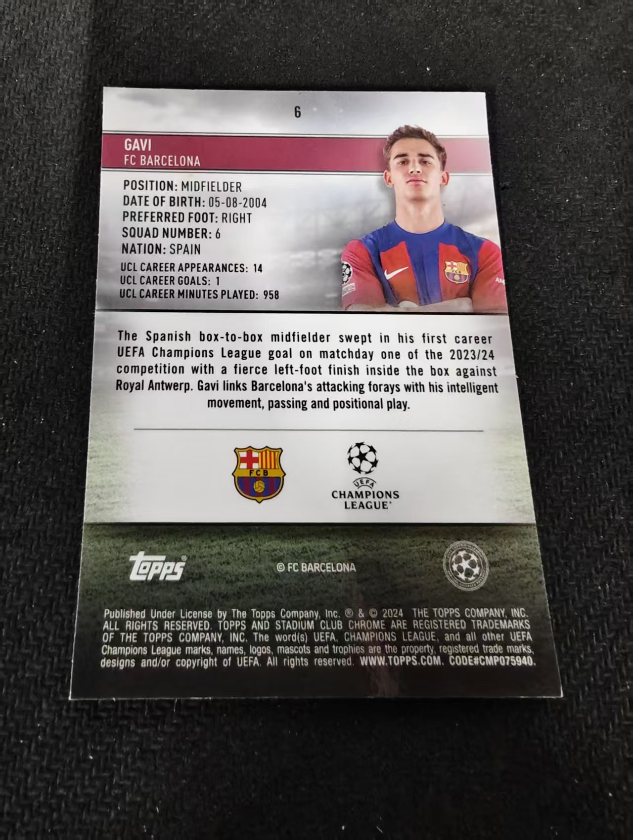 【可合并,不累计】2024 Topps Stadium Club Chrome GAVI 加维 巴萨 竞技场 欧冠 不保卡品 介意勿拍 #6