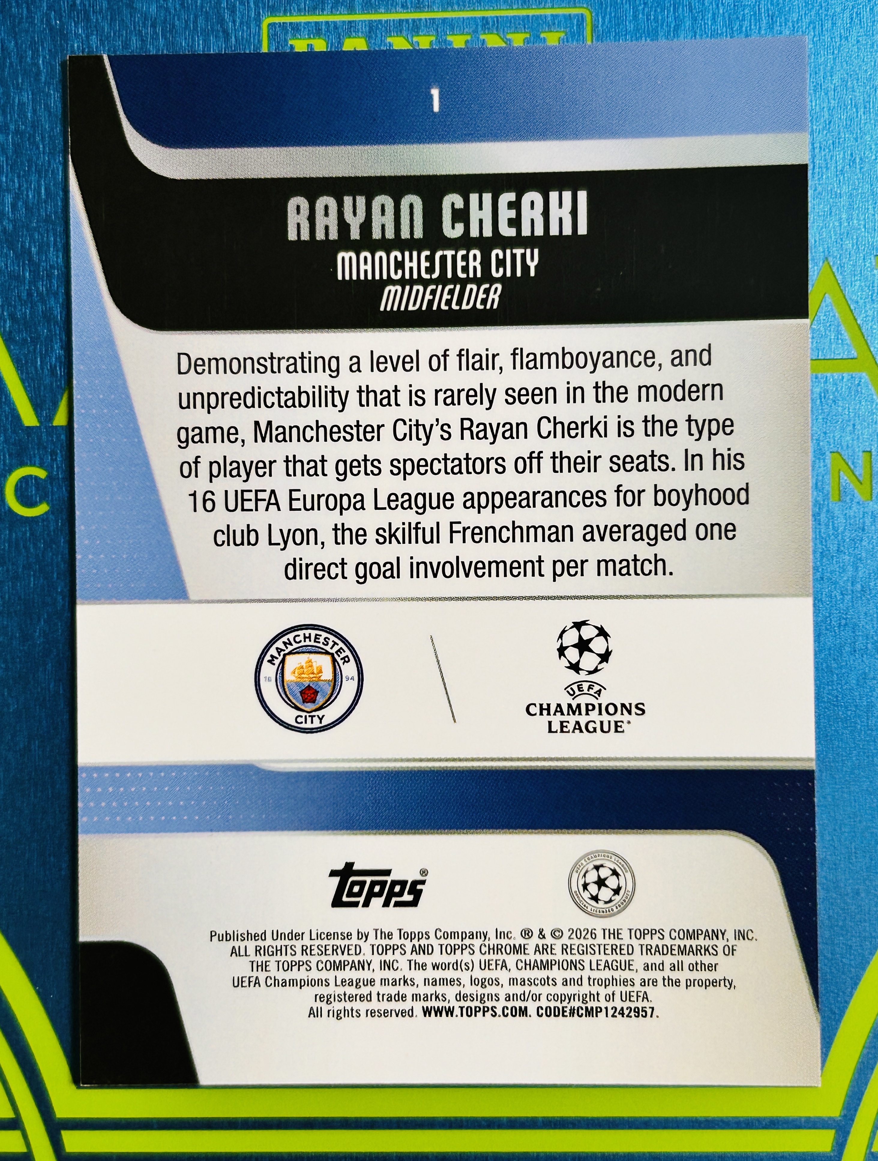 2026 Topps Chrome Rayan Cherki 欧冠 TC 法国 曼城 曼彻斯特城 雷安 谢尔基 切尔基 06/10编 黑几何折 黑折 微瑕如图 蓝月军团 哈兰德 奥莱利等队友 鳄鱼哥