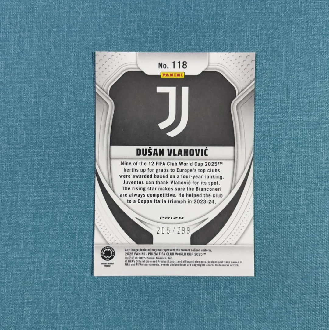 2025 Panini Prizm 世俱杯 Dusan Vlahovic 弗拉霍维奇 205/299编 红脉冲折 尤文图斯 卡品如图 FTU