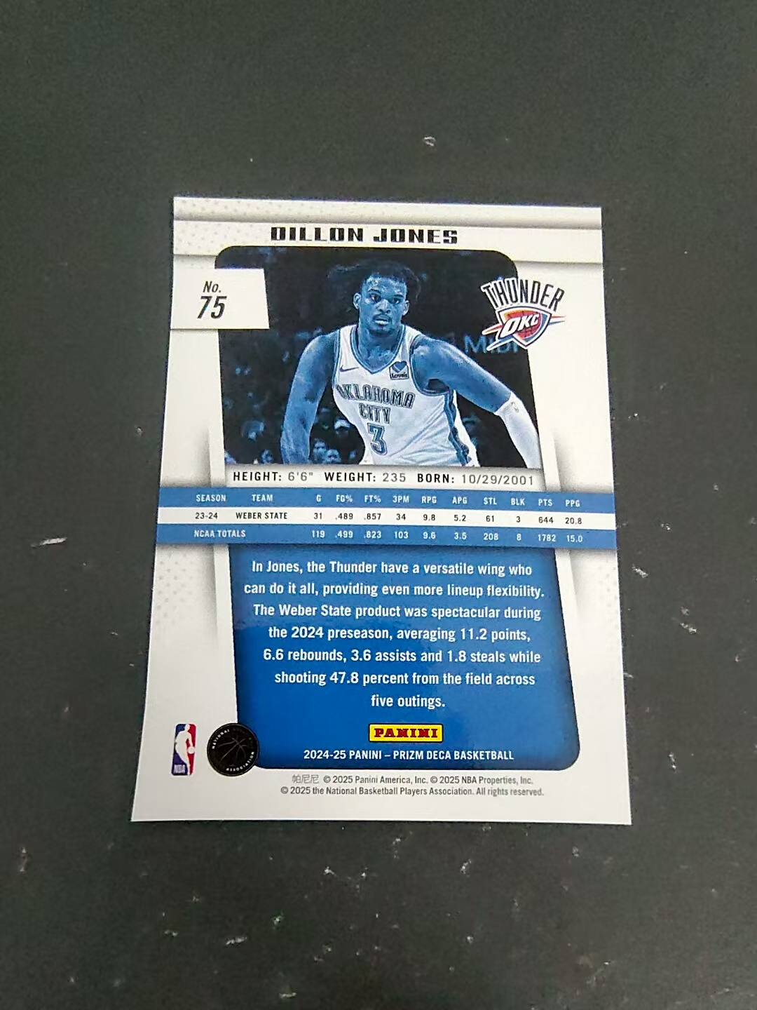 【可合并,不累计】2024-25 Panini Prizm Deca Dillon Jones 复刻PZ 新秀RC 狄龙 琼斯 雷霆 划痕 边角瑕疵 #75