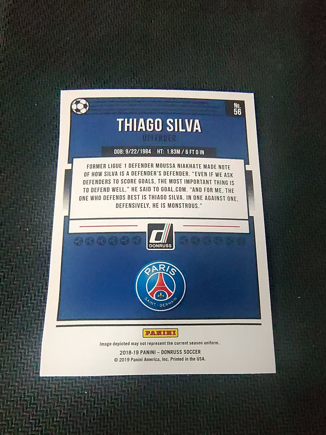 【可合并,不累计】2018 Panini Donruss Thiago Silva 巴黎圣日耳曼 T席尔瓦 切尔西 AC米兰 巴西 杜蕾斯 划痕 边角瑕疵 #56