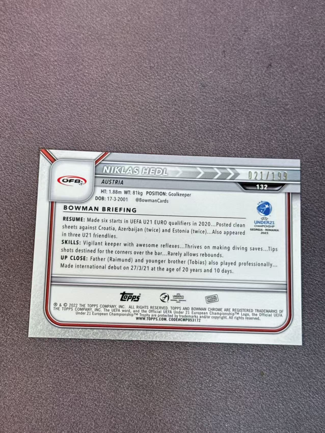 2022 Topps Bowman Niklas Hedl 奥地利 门将 欧青赛 赫德尔 绿折 199编