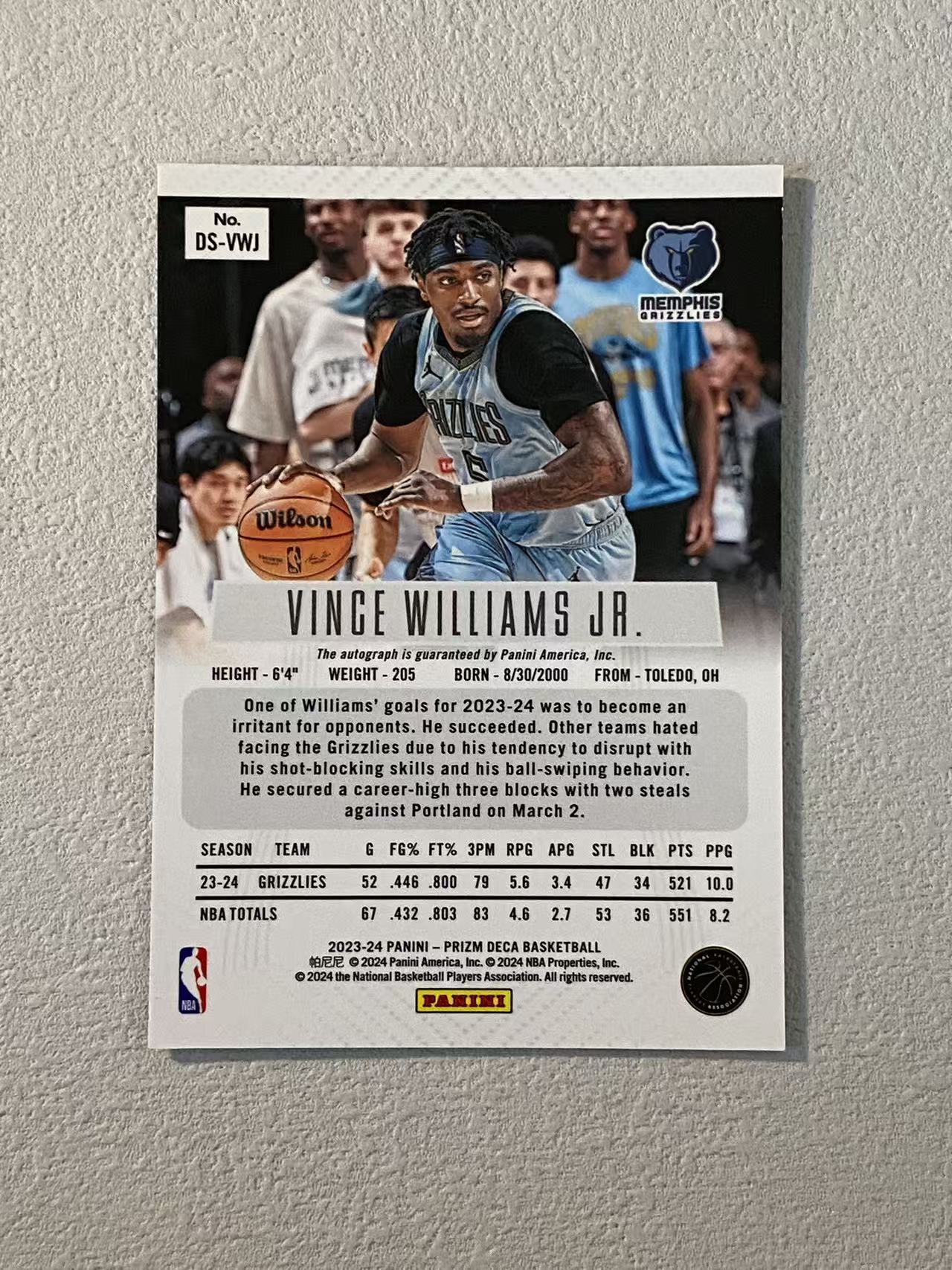 2023-24 Panini Prizm Deca Vince Williams Jr. PZ 元年复刻 灰熊 小文斯 威廉姆斯 签字 收藏必备