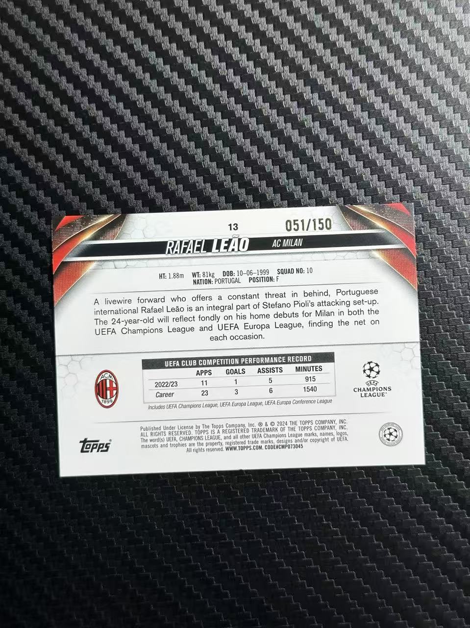 2024 Topps UCC Rafael Leao 欧冠 碧玉 拉斐尔 莱奥 AC米兰 葡萄牙 新年限定折 051/150编 卡品如图 拍前看描述