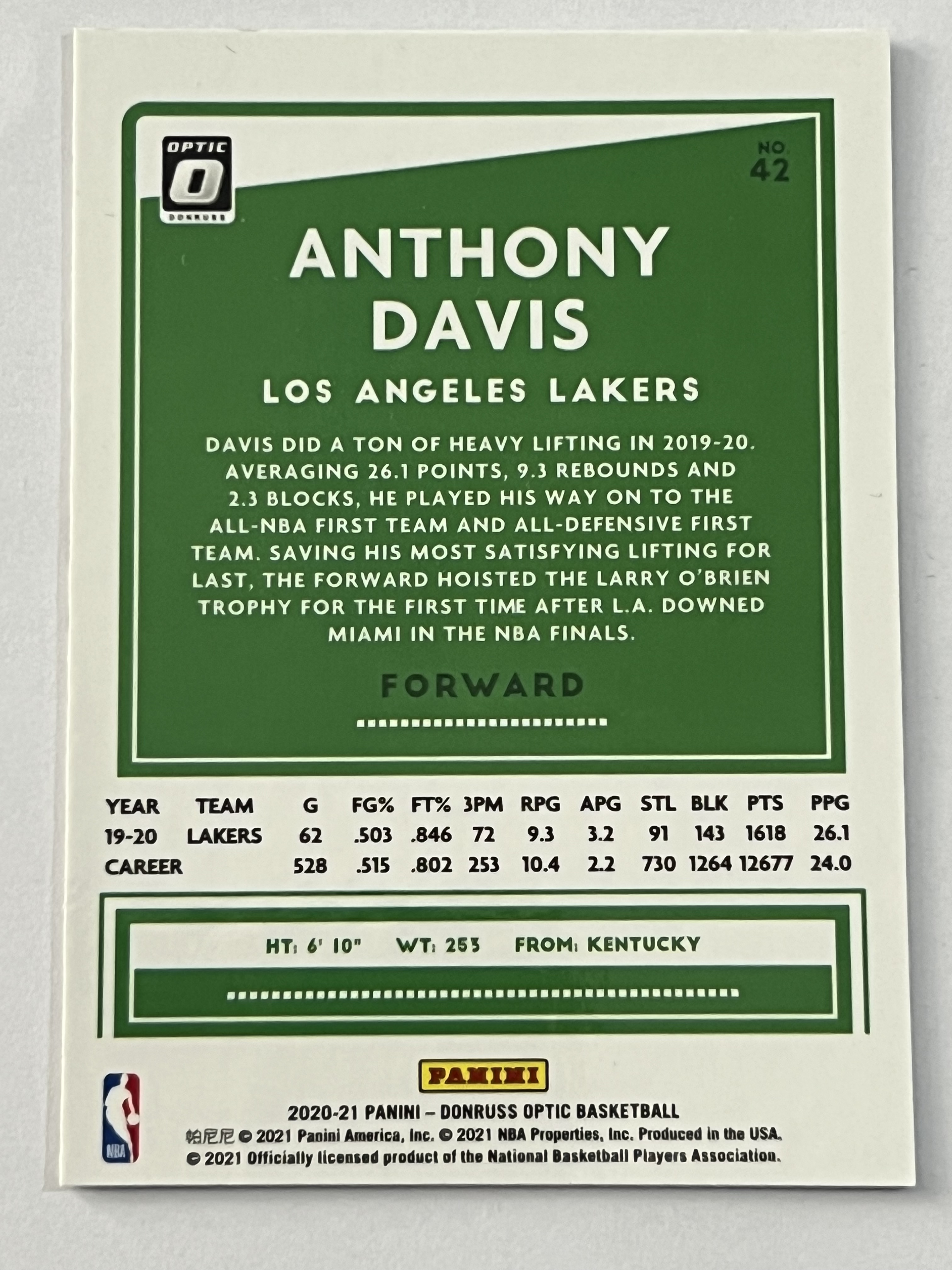 2020-21 Panini Optic Anthony Davis 安东尼 戴维斯 浓眉 AD 湖人队 热门球星 收藏必备 凑套必备 实卡精美 #42