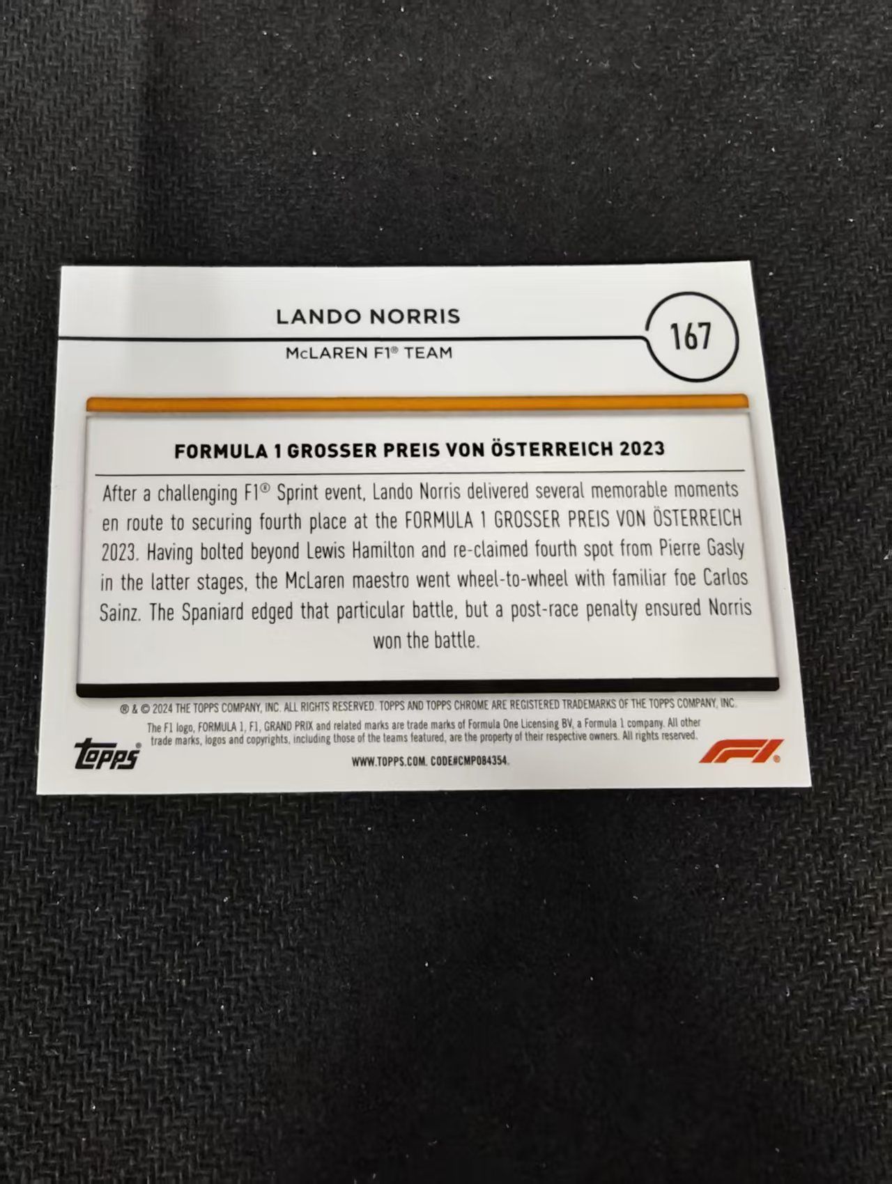 2024 Topps Chrome F1 Lando Norris 诺里斯 迈凯伦 划痕 边角瑕疵 #167