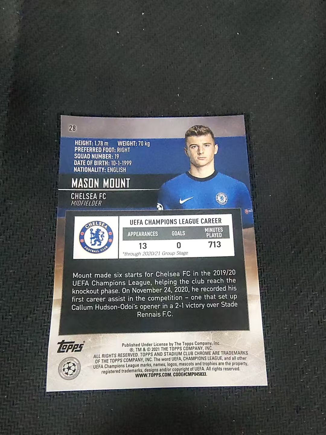 【可合并,不累计】2021 Topps Stadium Club Chrome Mason Mount 切尔西 梅森 芒特 竞技场 欧冠 划痕 边角瑕疵 #28