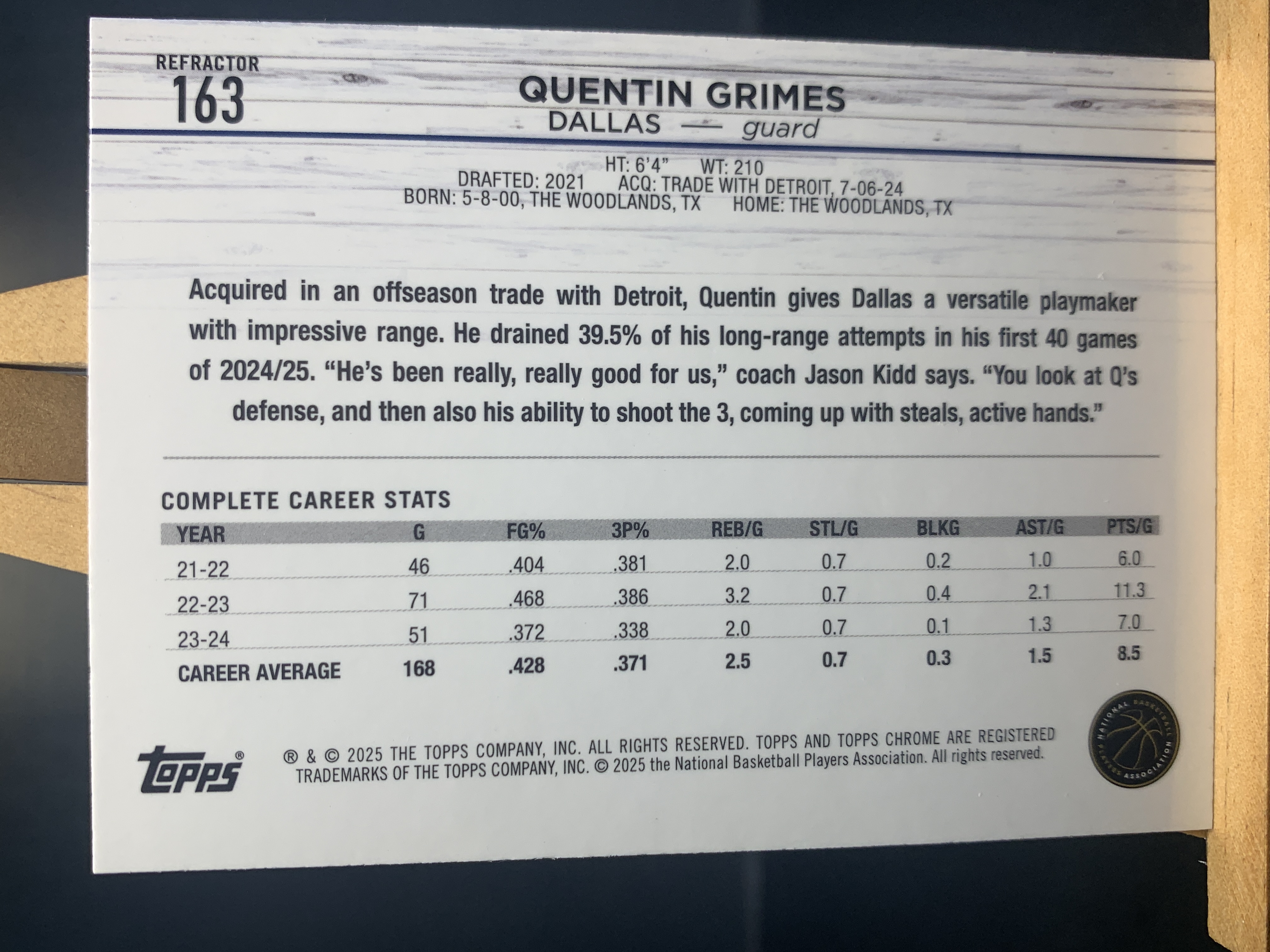 (C1) 2025 TOPPS 折射 新秀RC 昆廷 格兰姆斯 近期大热球星 收藏必备 卡品如图! ! !