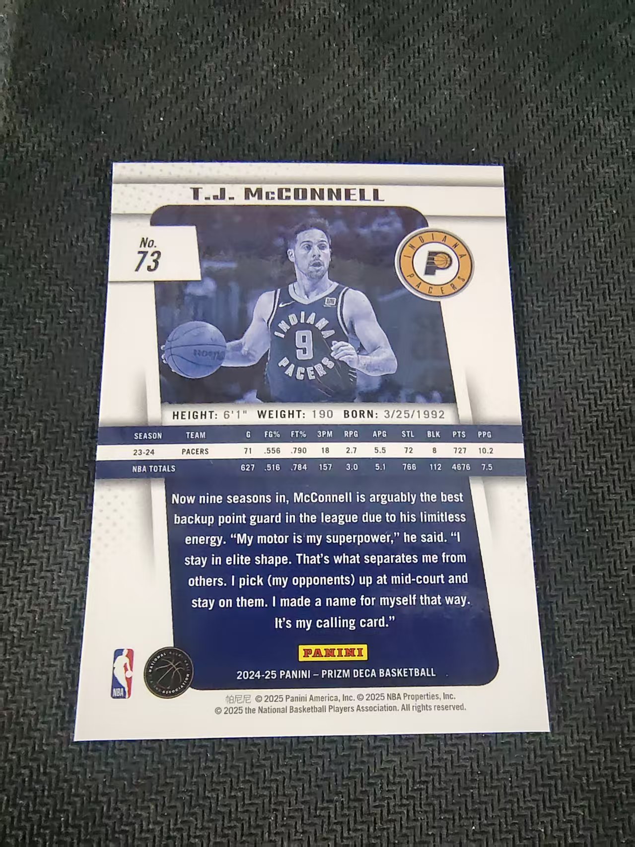 【可合并,不累计】2024-25 Panini Prizm Deca T.J. McConnell 麦康奈尔 步行者 复刻PZ 划痕 边角瑕疵 #73