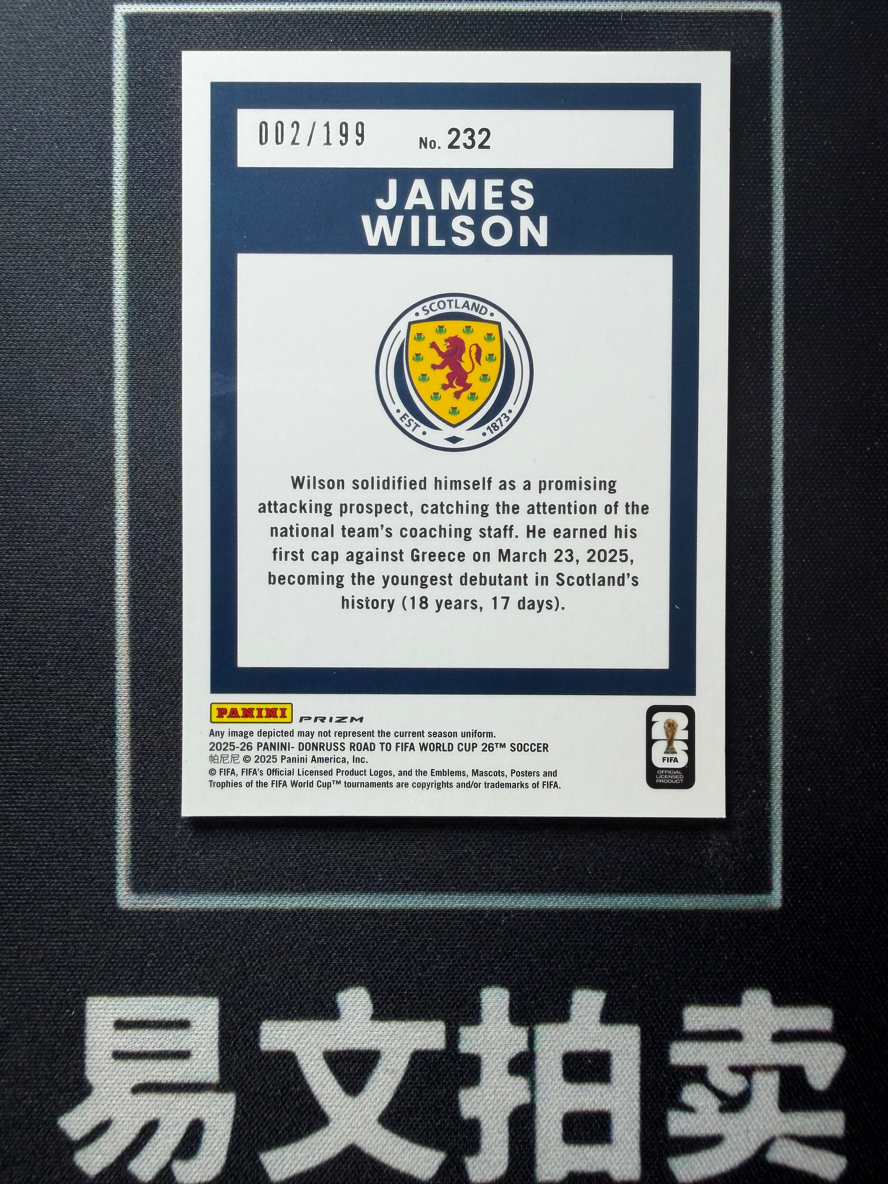 【易文拍卖 超级回款】2025-26 Panini Donruss 杜蕾斯世界杯之路 JAMES WILSON 詹姆斯 威尔逊 苏格兰 RC新秀 002/199编 红折O版 卡品如图#agger